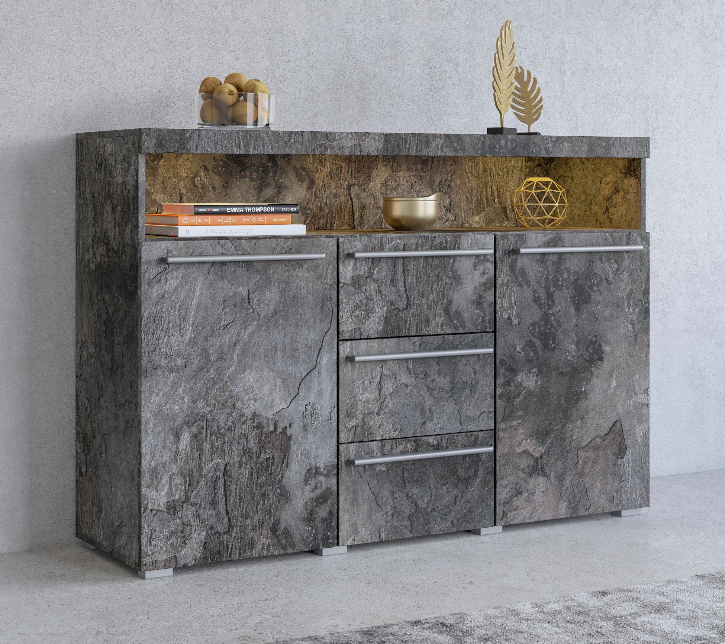 INOSIGN Sideboard "India,Breite 132cm stilvolle Anrichte mit 2Türen, 3 Schubladen", Kommode viel Stauraum, Einlegeböden 