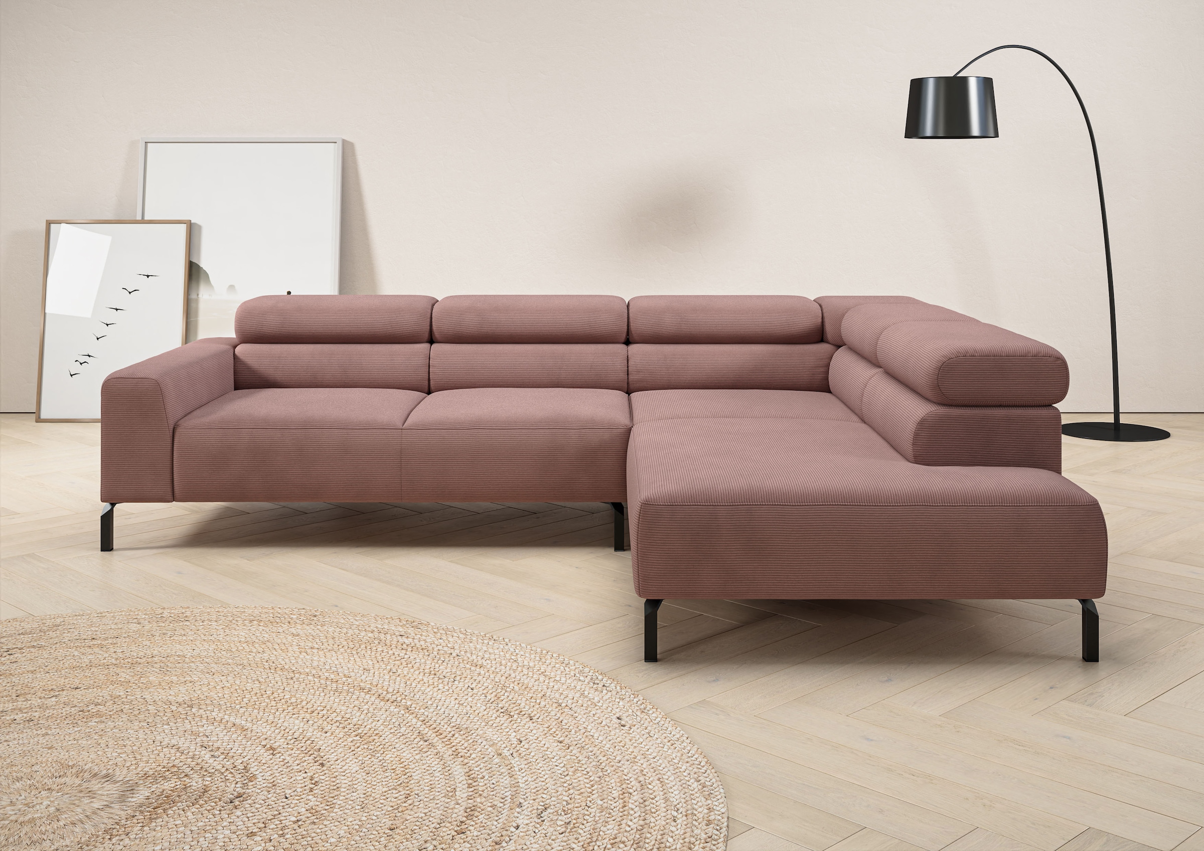 Home affaire Ecksofa "Antonelli, L-Form, inkl. Kopfteilverstellung, Breite 276 cm" ohne Sitztiefenverstellung, in Feincord, altrosa