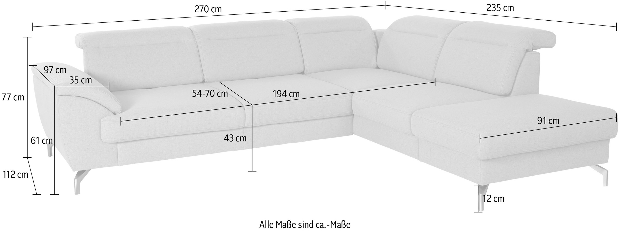 sit&more Ecksofa »Percy L-Form«, 12 cm Fußhöhe, Sitztiefenverstellung, wahlweise in 2 Fußfarben