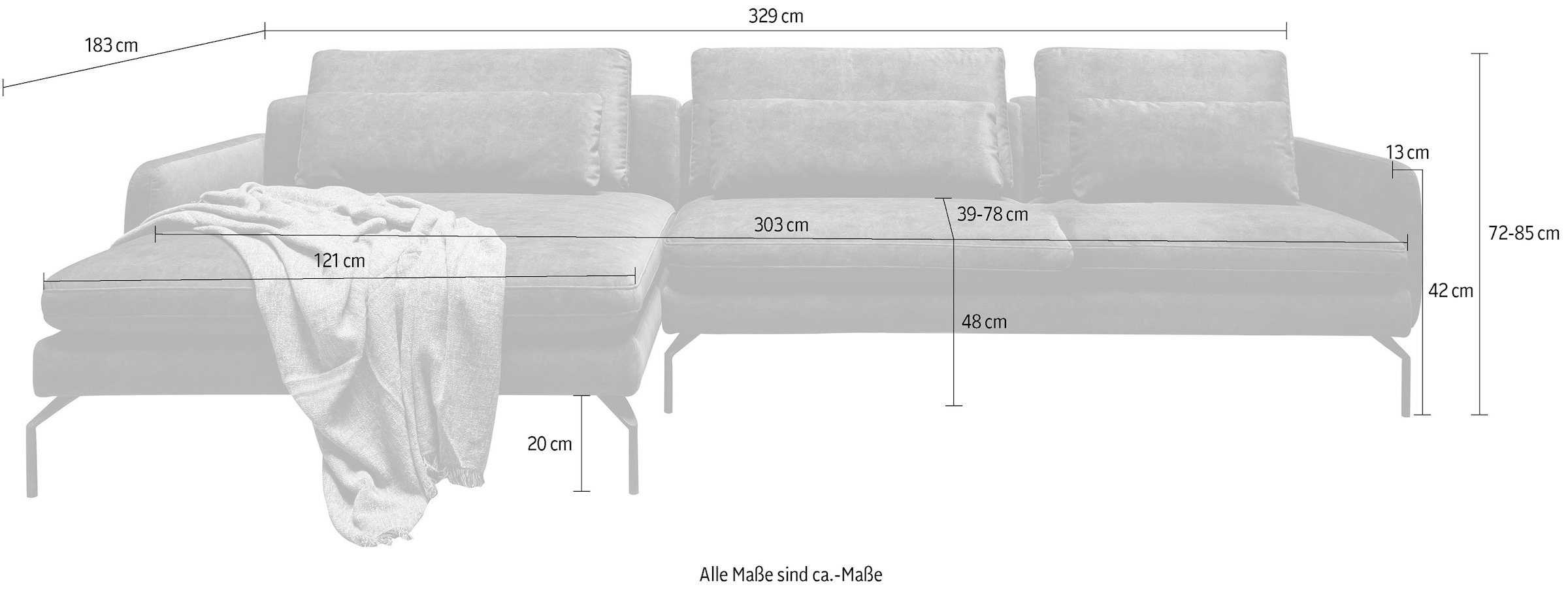 exxpo - sofa fashion Ecksofa »Komfortsofa Look, moderner Webvelours Bezug, extrabreite Sitzflächen«, komfortabler Sitz, L-Form, Breite 329cm, hoher Designfuß