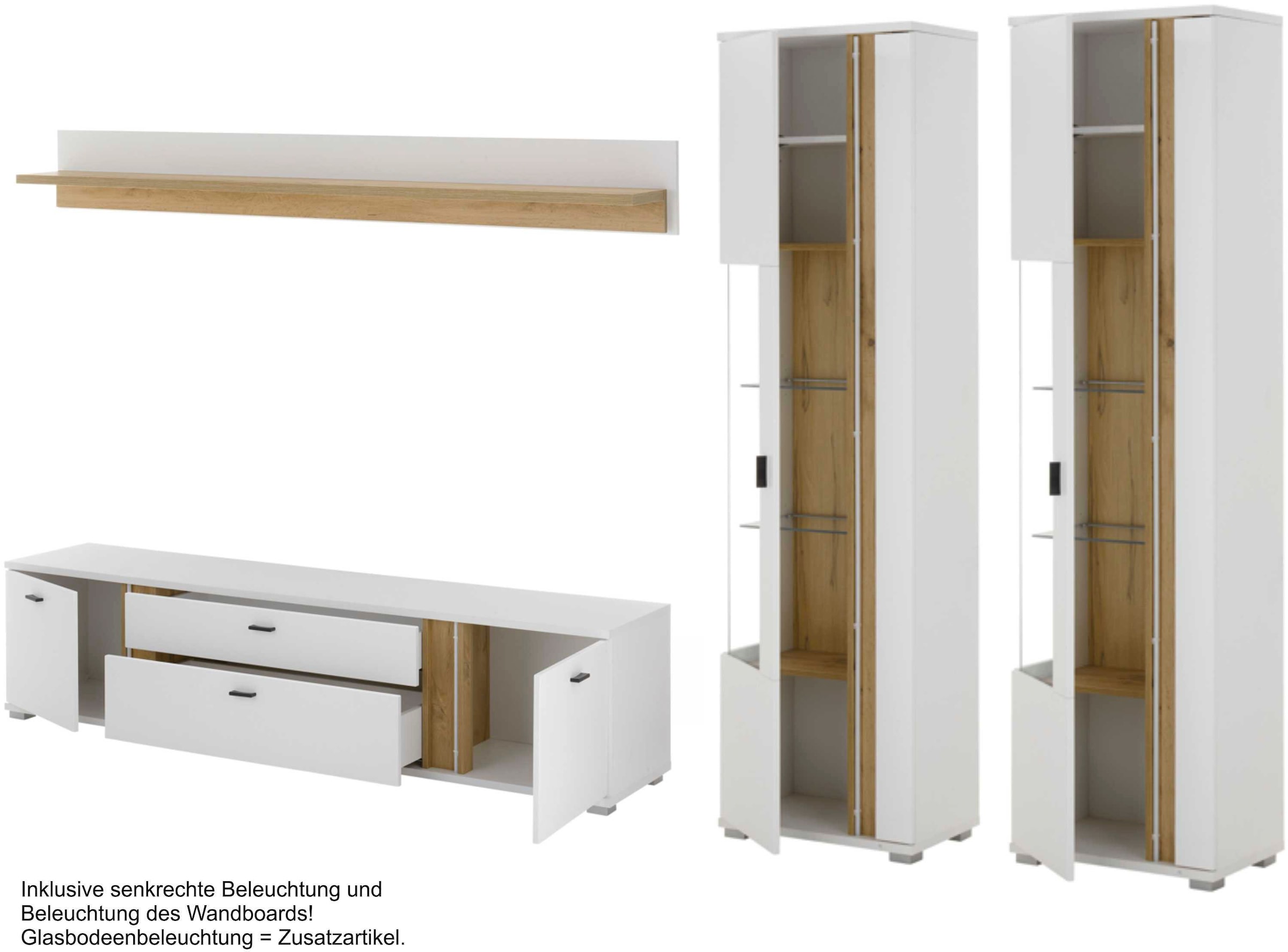 INOSIGN Wohnwand »LONG ISLAND«, (Set, 4 St.), in moderner Trendfarbe,inklusive senkrechter Beleuchtung,Breite 330 cm