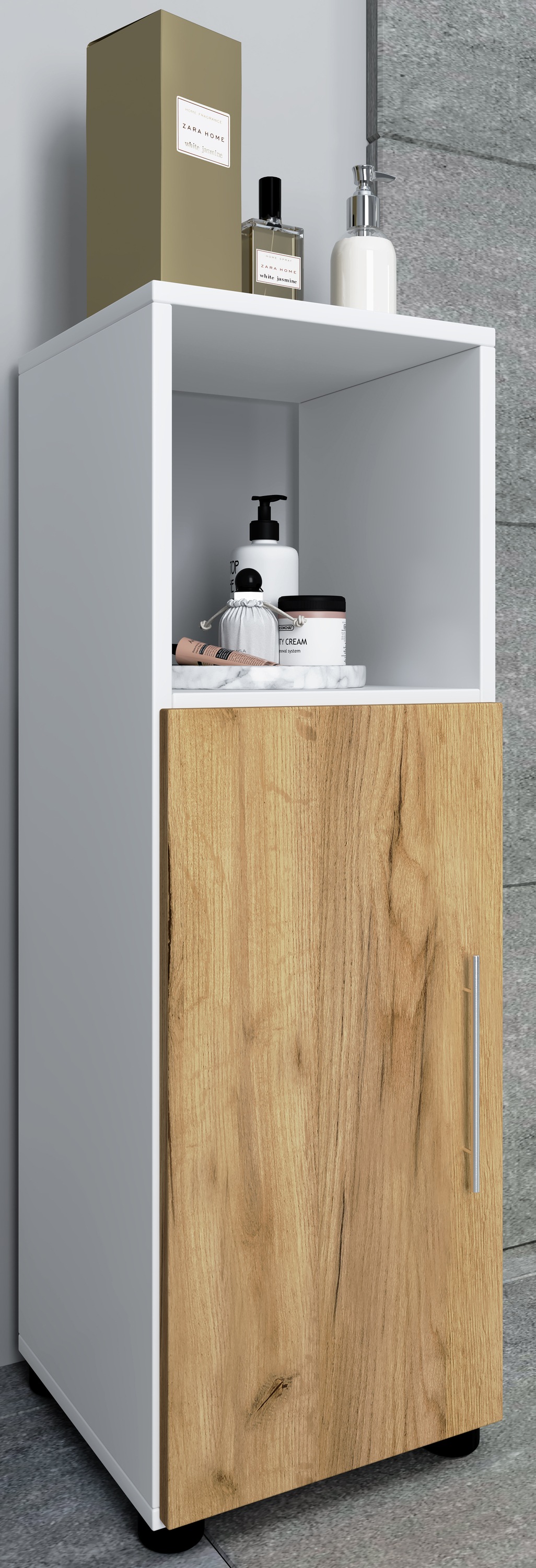 VCM Hochschrank »VCM Holz Midischrank | Badschrank mit offenem Fach und einer Drehtür | Maße H. 93 x B. 31 x T. 30 cm | Midischrank - Flandu«, (1 St.)