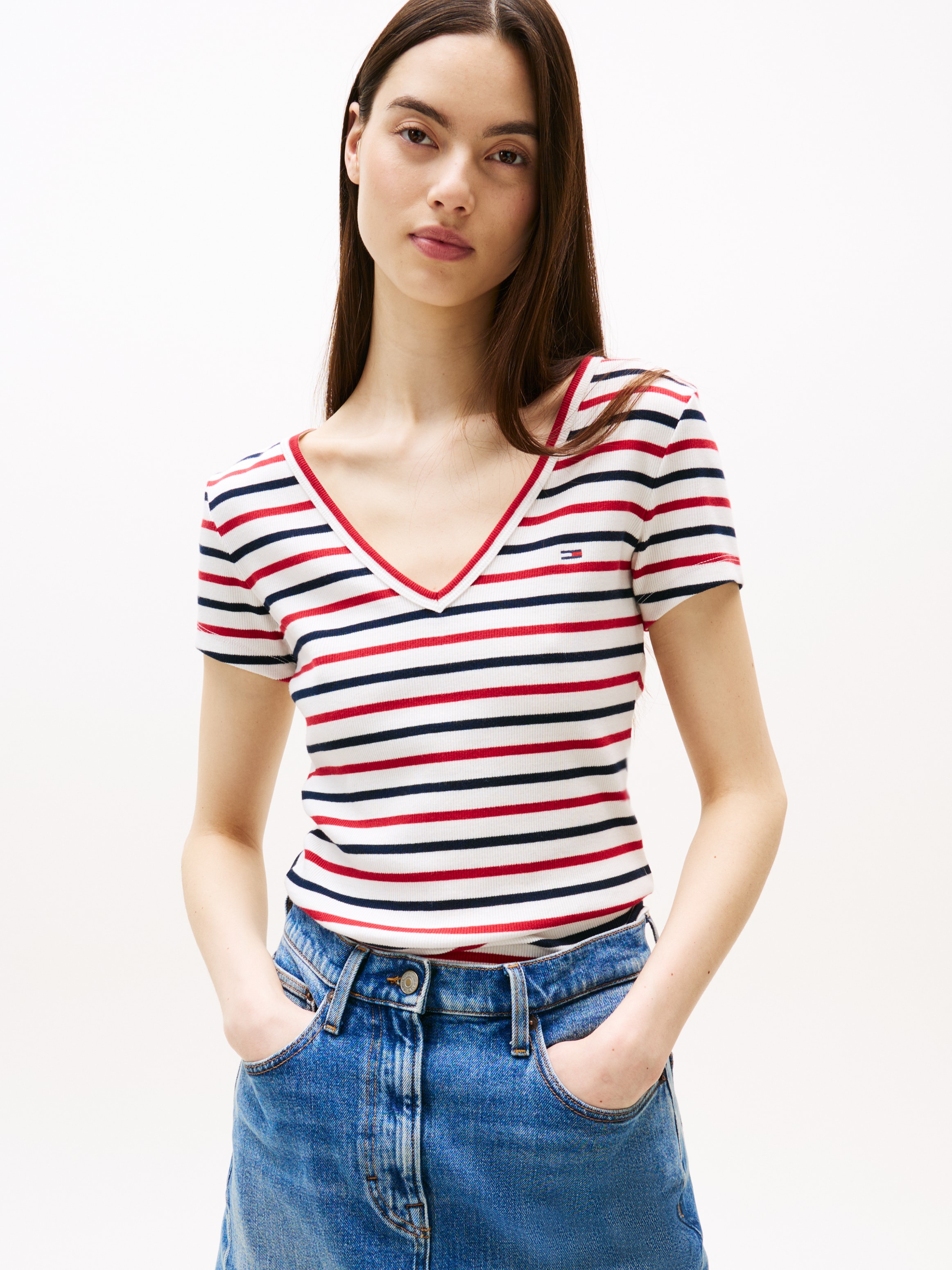 Tommy Jeans Kurzarmshirt "TJW SLIM ESSENTIAL RIB V SHORT SLEEVE" mit geripp günstig online kaufen