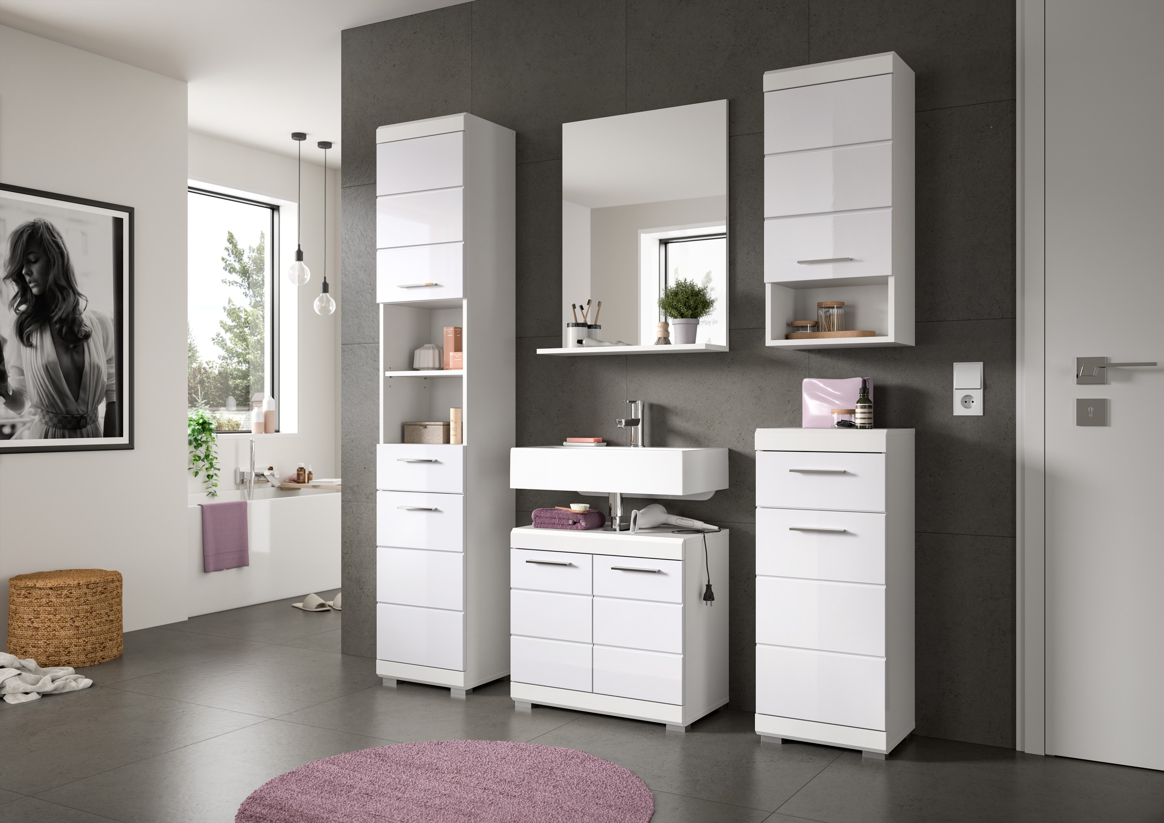 INOSIGN Badmöbel-Set »Siena, 4 teilig, bestehend aus:«, (Set), Waschbeckenunterschrank, Spiegel, Unterschrank, Hängeschrank