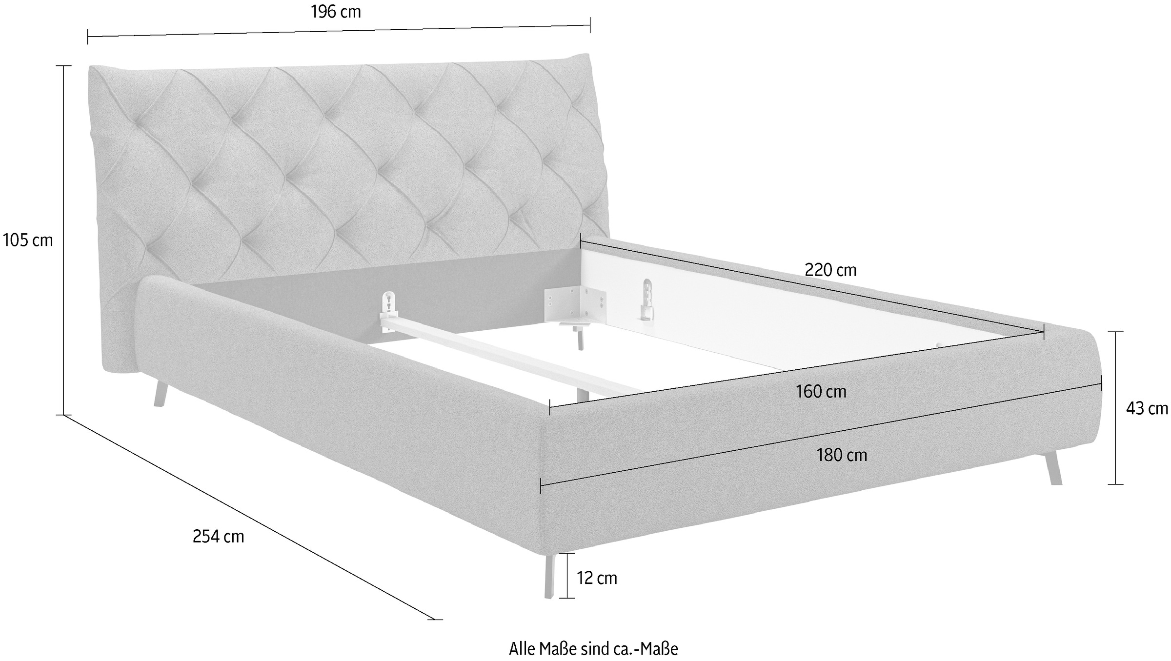 Leonique Polsterbett »Elloree, in 4 Breiten bis 200cm, auch in Leder«, Kopfteilhöhe 105 cm, belastbar bis 280 kg, auch in Überlänge 220cm