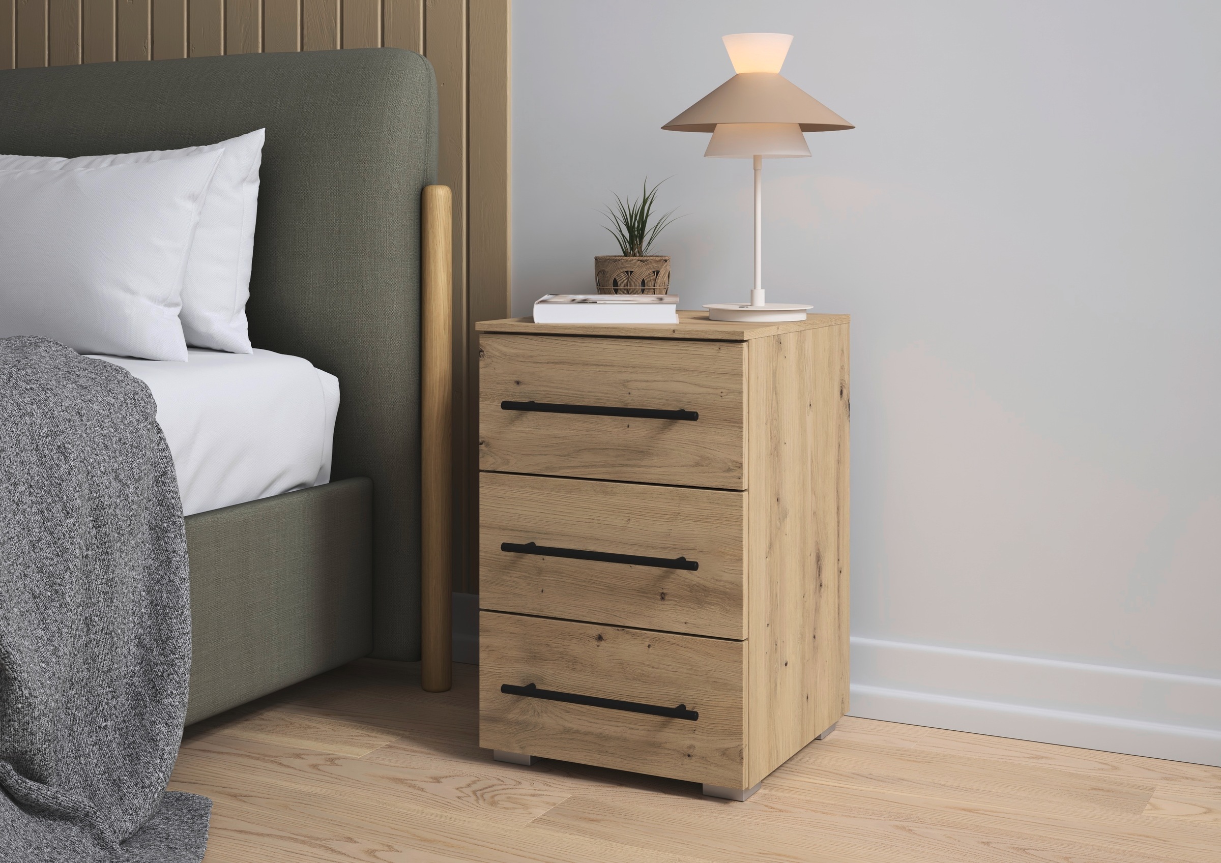OTTO home Nachtkommode »Nachttisch Nachtschrank Schubladen Sideboard Schubladenkommode AVOLA« Breite 40 cm inkl. SOFT-CLOSE-FUNKTION mit Dekorfront,  mit 3 geräumigen Schubladen für viel Stauraum MADE IN GERMANY