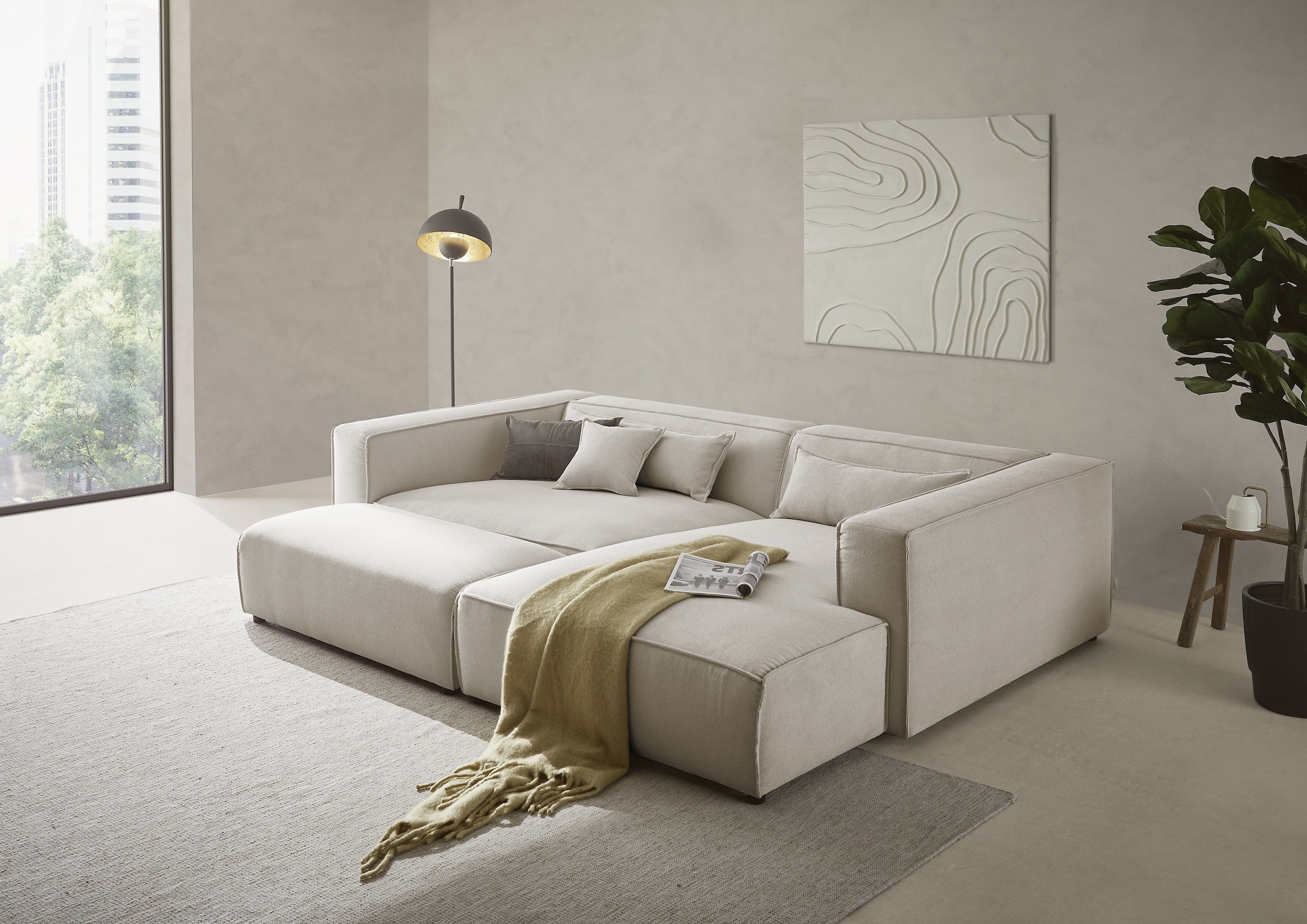 LeGer Home by Lena Gercke Polsterecke »PIARA XXL, L-Form mit Schlaffunktion, Big-Sofa in Cord o. Leinenoptik«, Hocker stellbar zum Schlafsofa (Krokodilverbinder), tiefe Sitzfläche