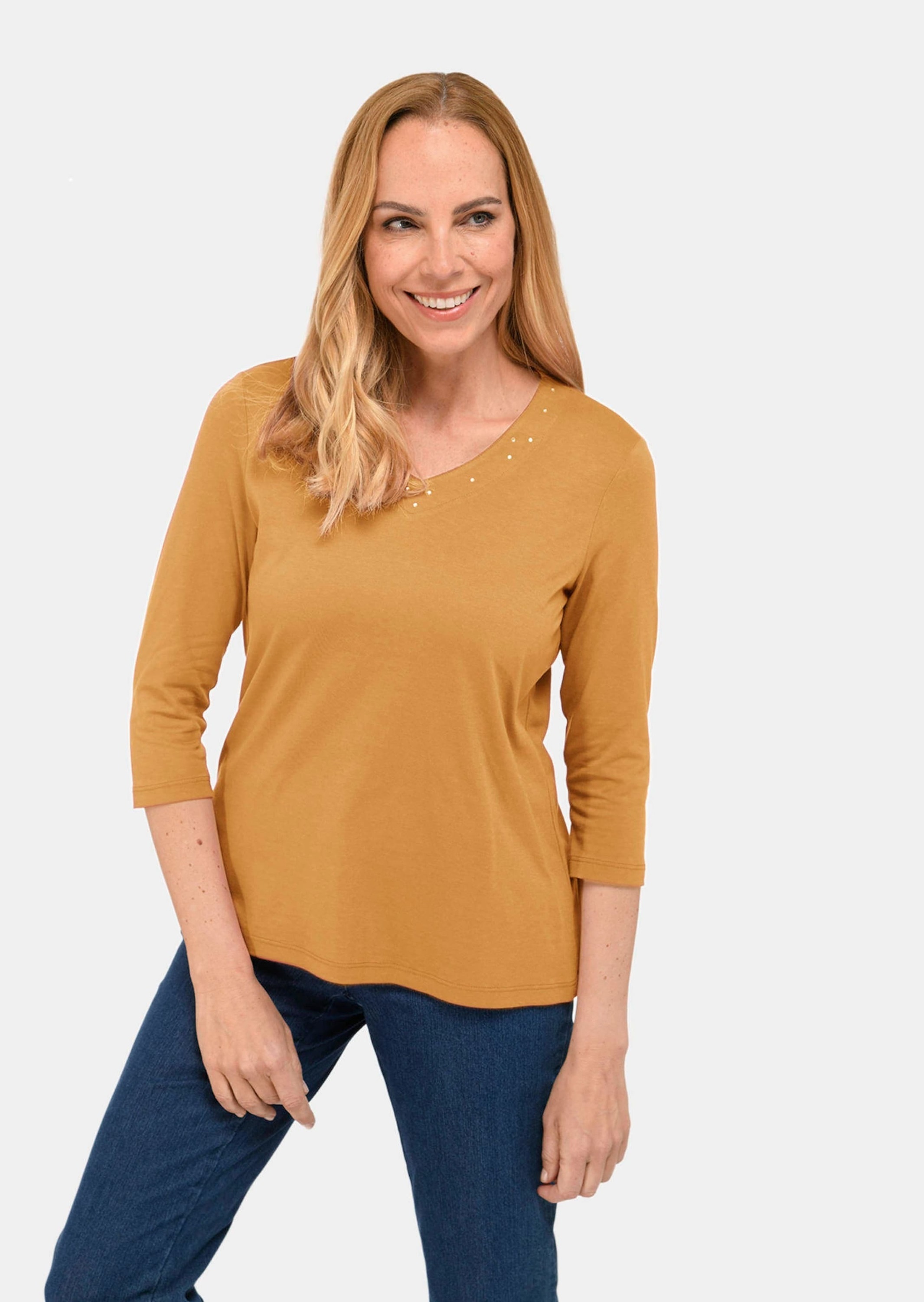 GOLDNER 3/4-Arm-Shirt "Kurzgröße T-Shirt mit Ausschnitt und Steinchen" Form günstig online kaufen