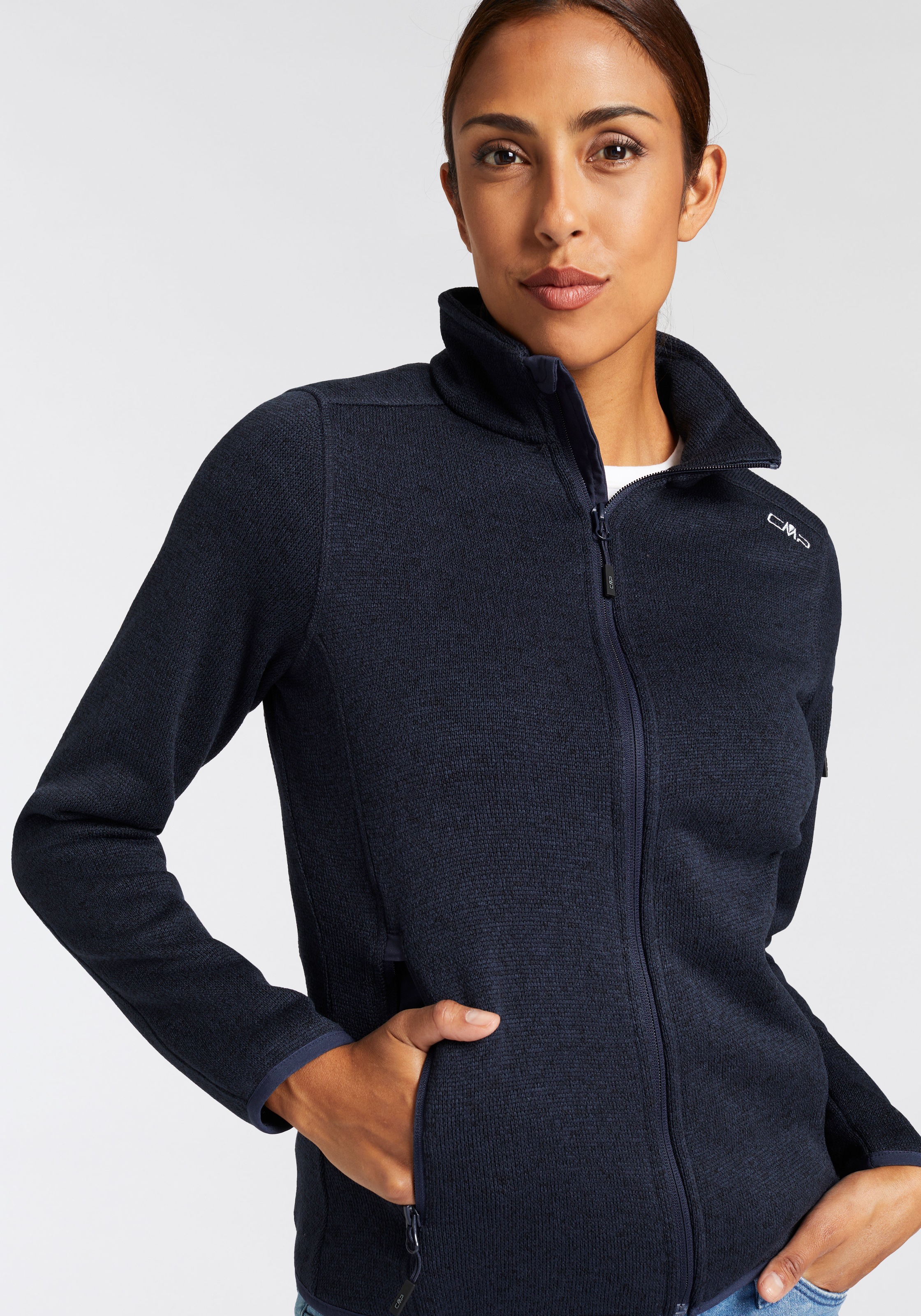 Strickfleecejacke CMP "KNITTED MELANGE FLEECE WOMAN JACKET", Damen, Gr. 36, blau (b. blau), Strick, Obermaterial: 100% Polyester, normal, eingefasste Kante, Jacken, Wärmeisolierend & Schnell trocknend & Atmungsaktiv, Übergangsjacke