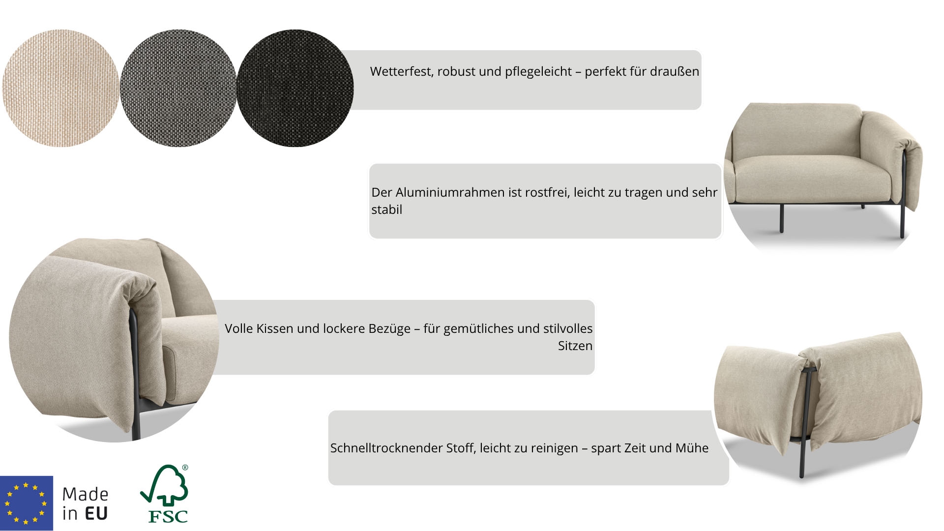 andas 3-Sitzer »Lumi«, Outdoor Gartensofa, wetterfeste Materialien, Breite 228 cm