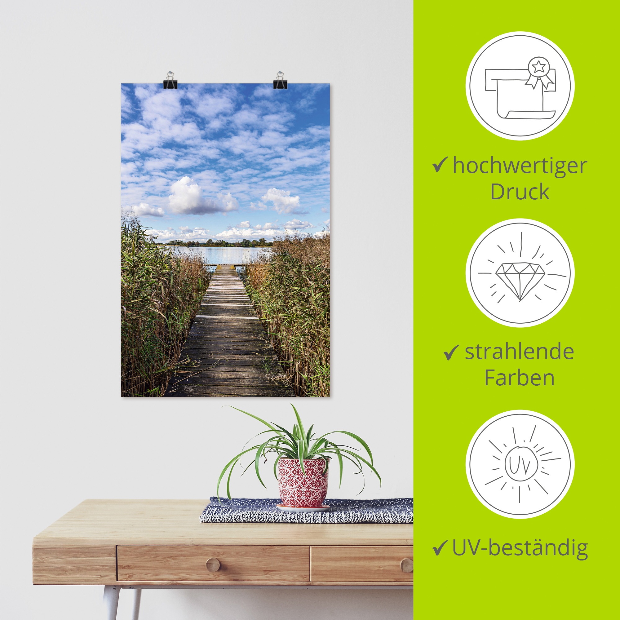 Wandbild ARTLAND "Steg und Schilf am Krakower See", farbe bild(er): blau, B:60cm H:90cm, Papier, Bilder, als Alubild, Leinwandbild, Poster, Wandaufkleber in verschied. Größen 2