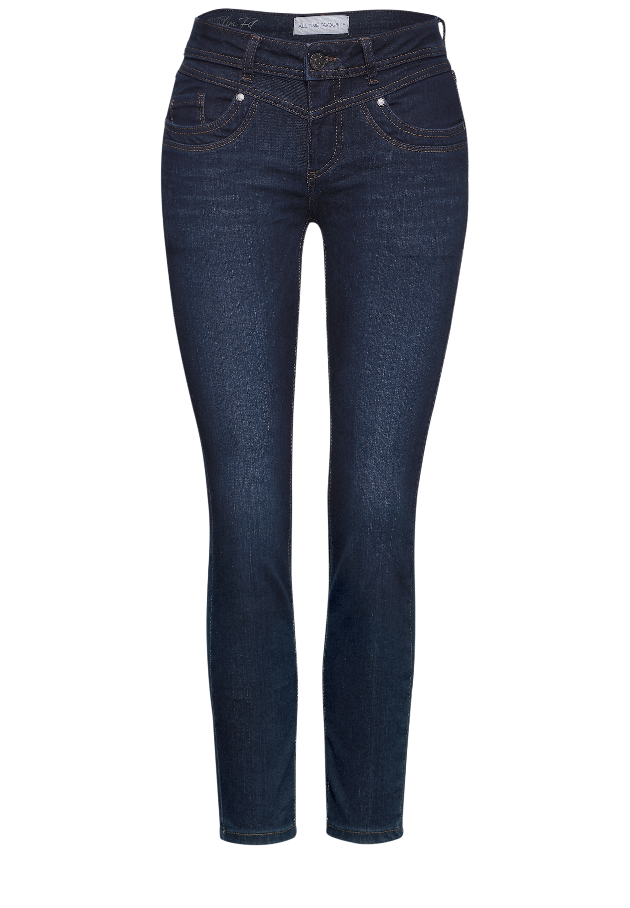Slim-fit-Jeans STREET ONE "Style YORK", Damen, Gr. 26, Länge 30, blau (deep indigo washed), Denim/Jeans, Obermaterial: 71% Baumwolle, 23% Polyester, 4% Elastomultiester, 2% Elasthan, unifarben, slim fit knöchelfrei, Jeans Slim-fit-Jeans, im Five-Pocket St 3