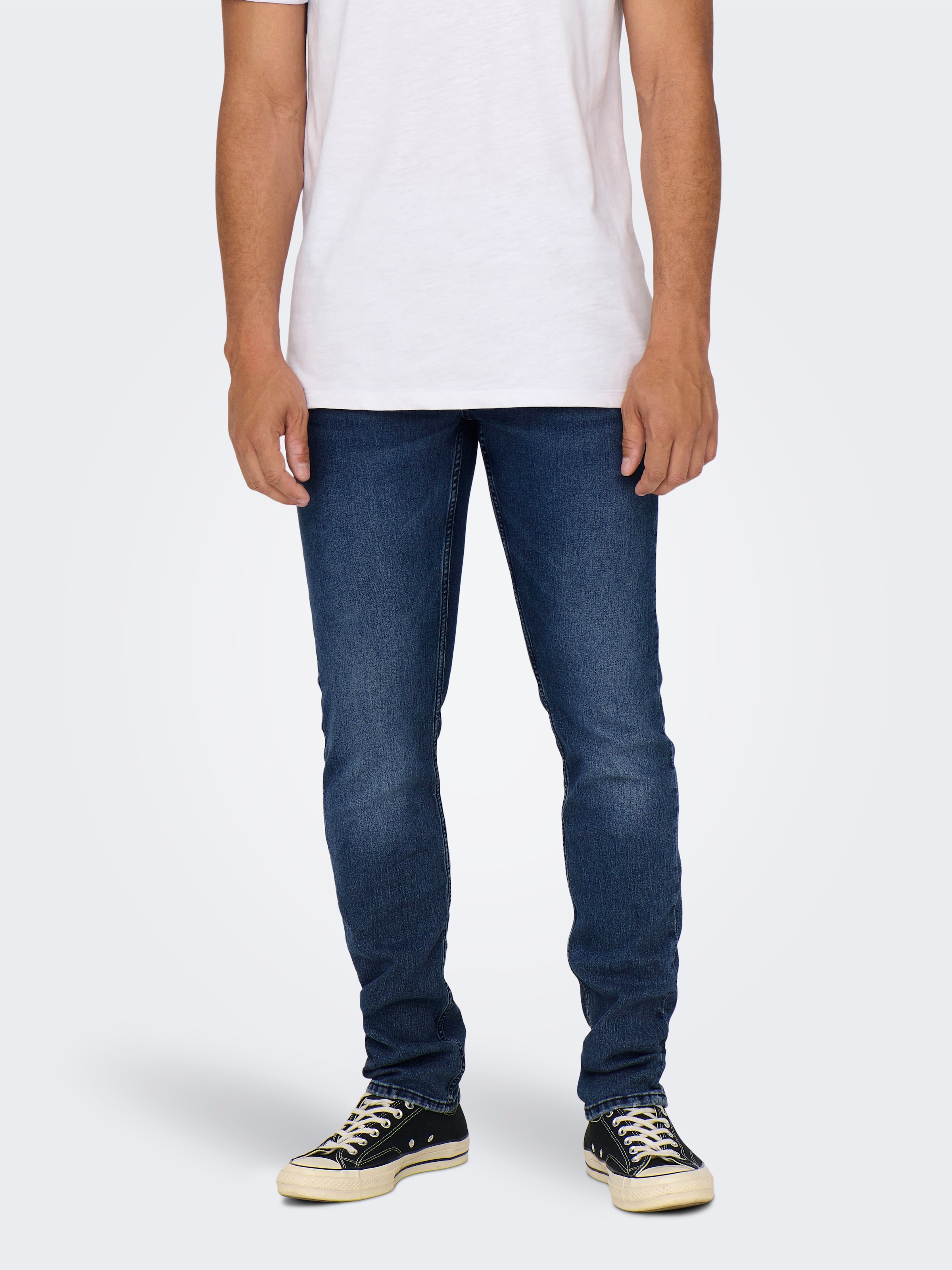 Regular-fit-Jeans ONLY & SONS "ONSWEFT REG 7900 EY BOX JEANS NOOS", Herren, Gr. 29, Länge 30, blau schwarz denim, Denim/Jeans, Obermaterial: 50% Baumwolle, 30% Polyester, 18% Viskose, 2% Elasthan, Abriebeffekte, regular fit lang, Jeans, Baumwollmischung, 