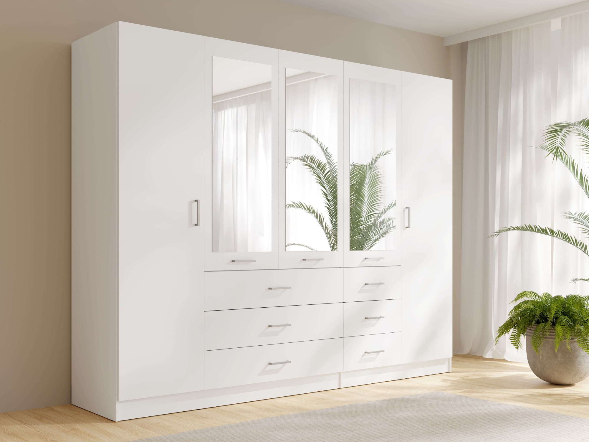 OTTO home Kleiderschrank "KOS Garderobe mit 6 Schubladen, Kleiderstange, 5 Einlegeböden, Spiegel" Wäscheschrank mit 5 Drehtüren, silber Griffen, Maße B/H/T 250/200/58cm