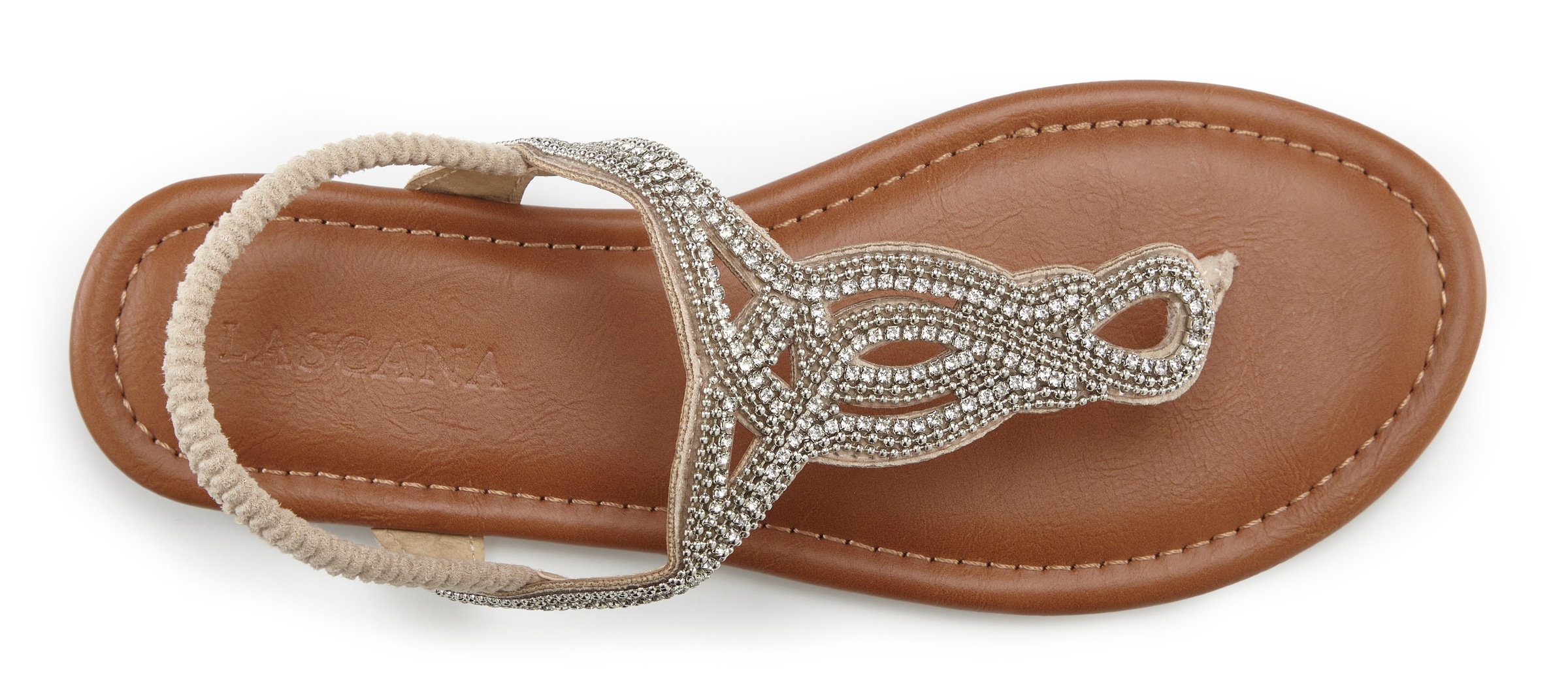 Zehentrenner LASCANA, Damen, Gr. 42, beige, Obermaterial: 100% Textilmaterial. Decksohle: 100% Lederimitat. Futter: 100% Lederimitat. Laufsohle: 100% Synthetik, Glitzer, bestickt, Schuhe Zehentrenner, Sandale, Pantolette mit Schmucksteinen in Glitzer-Opti 2