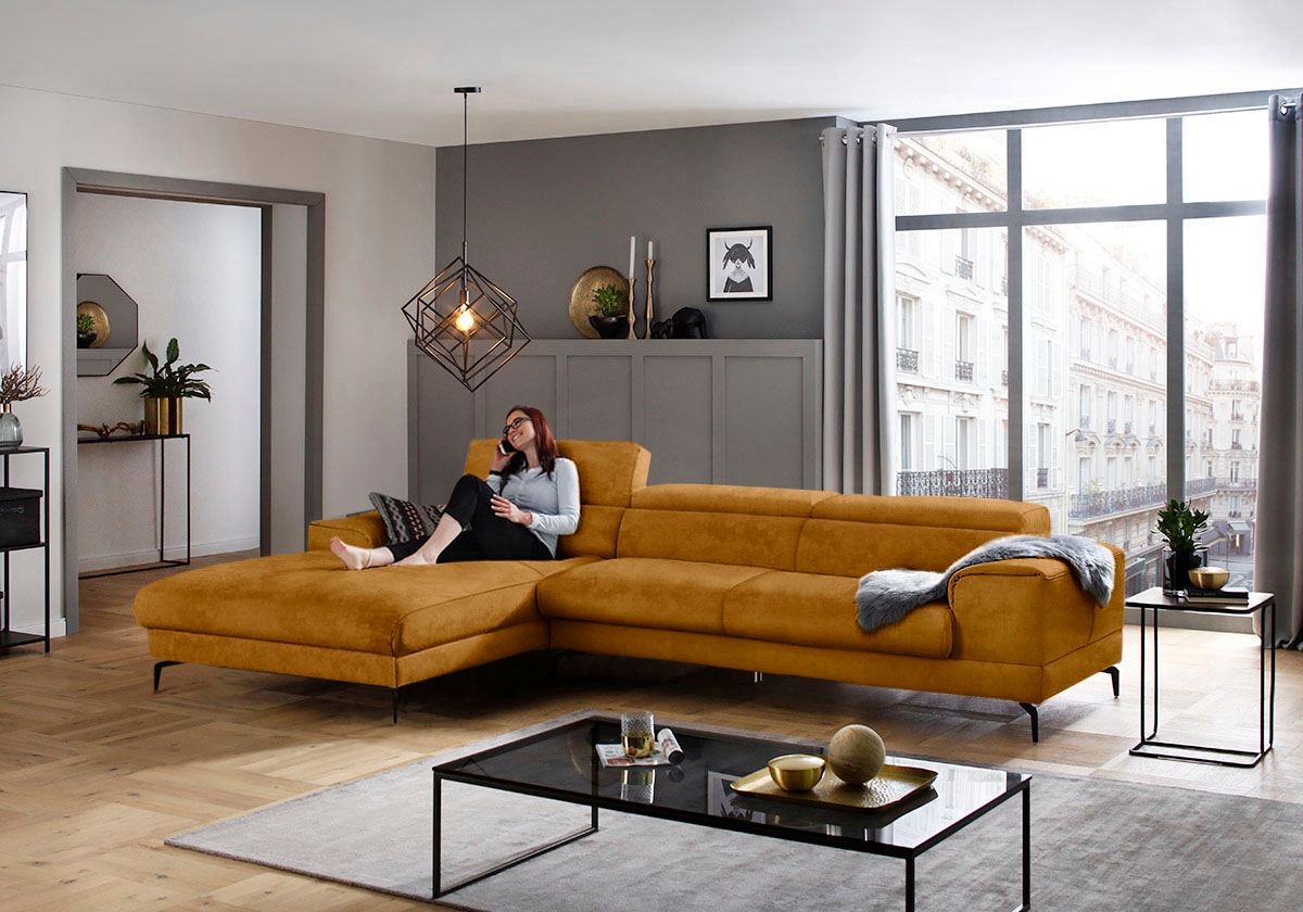 W.SCHILLIG Ecksofa »piedroo, Designsofa mit tollem Sitzkomfort, bequem, L-Form«, Kopfteilverstellung, wahlweise mit Sitztiefenverstellung, Breite 343cm