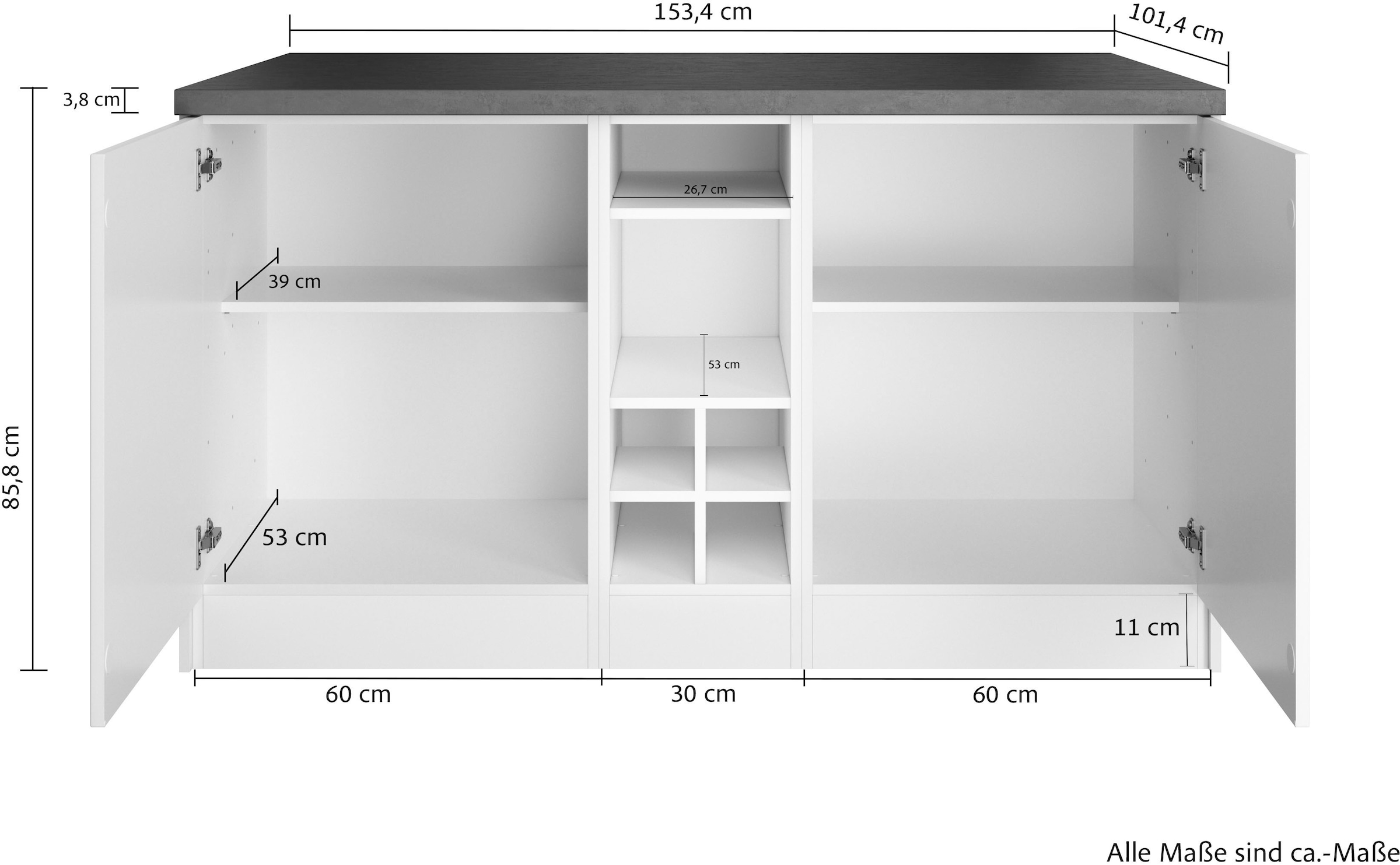 KOCHSTATION Kücheninsel »KS-Lani, Breite 153 cm, mit Flaschenregal«, MDF-Fronten, Arbeitsplatte 38mm stark