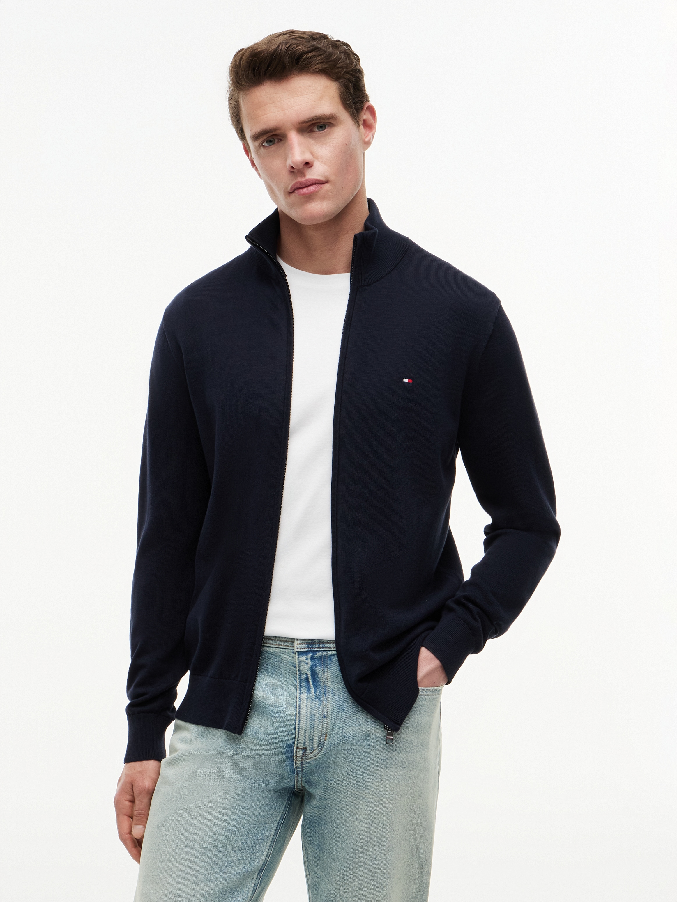 Tommy Hilfiger Strickjacke "ESSENTIAL COTTON ZIP THRU" mit Logostickerei günstig online kaufen