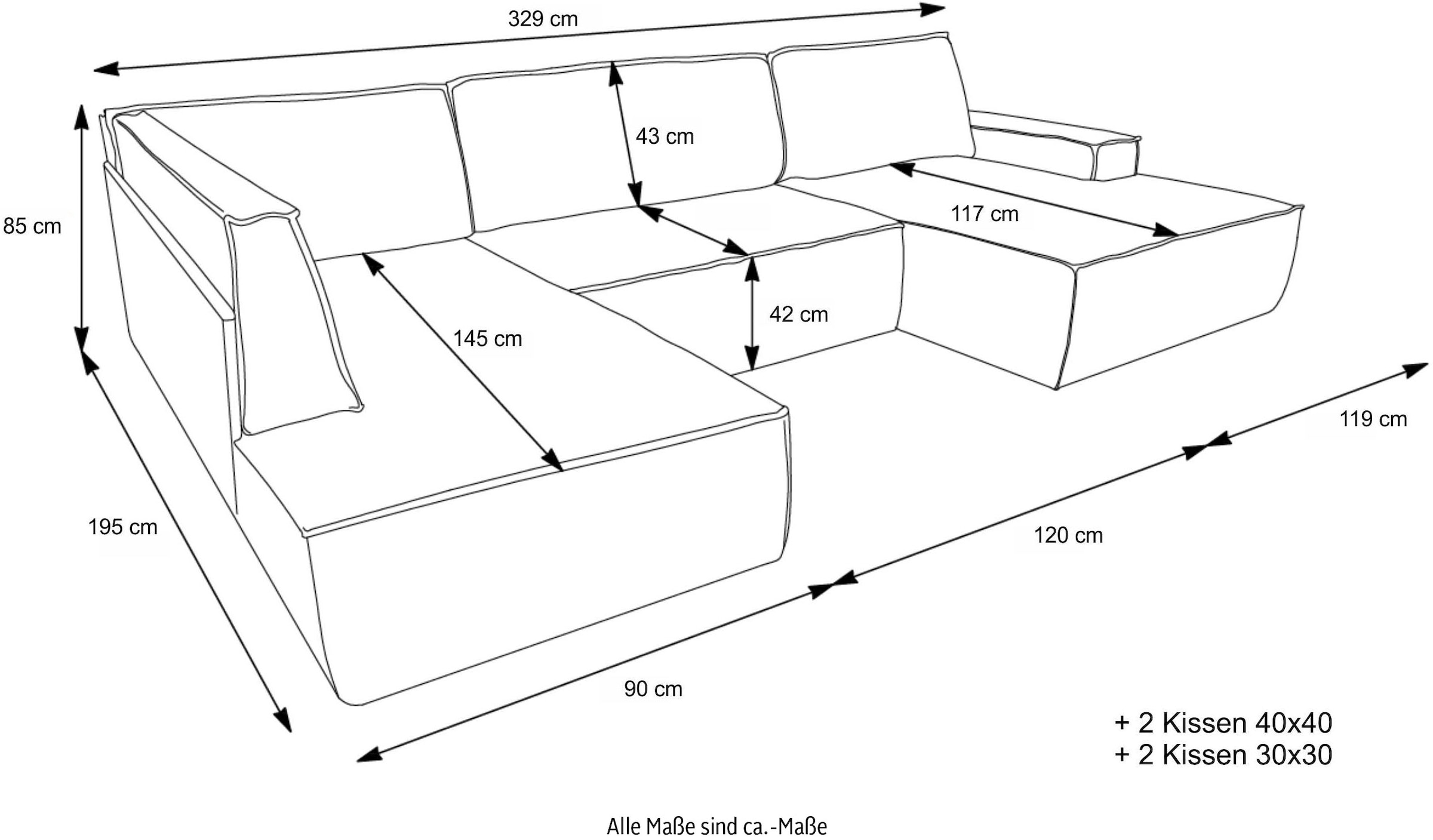 andas Wohnlandschaft »FINNLEY U-Form XXL 329 cm, Schlafsofa, Schlaffunktion m. Bettkasten«, (194/139 cm), Bouclé, Struktur und Cord