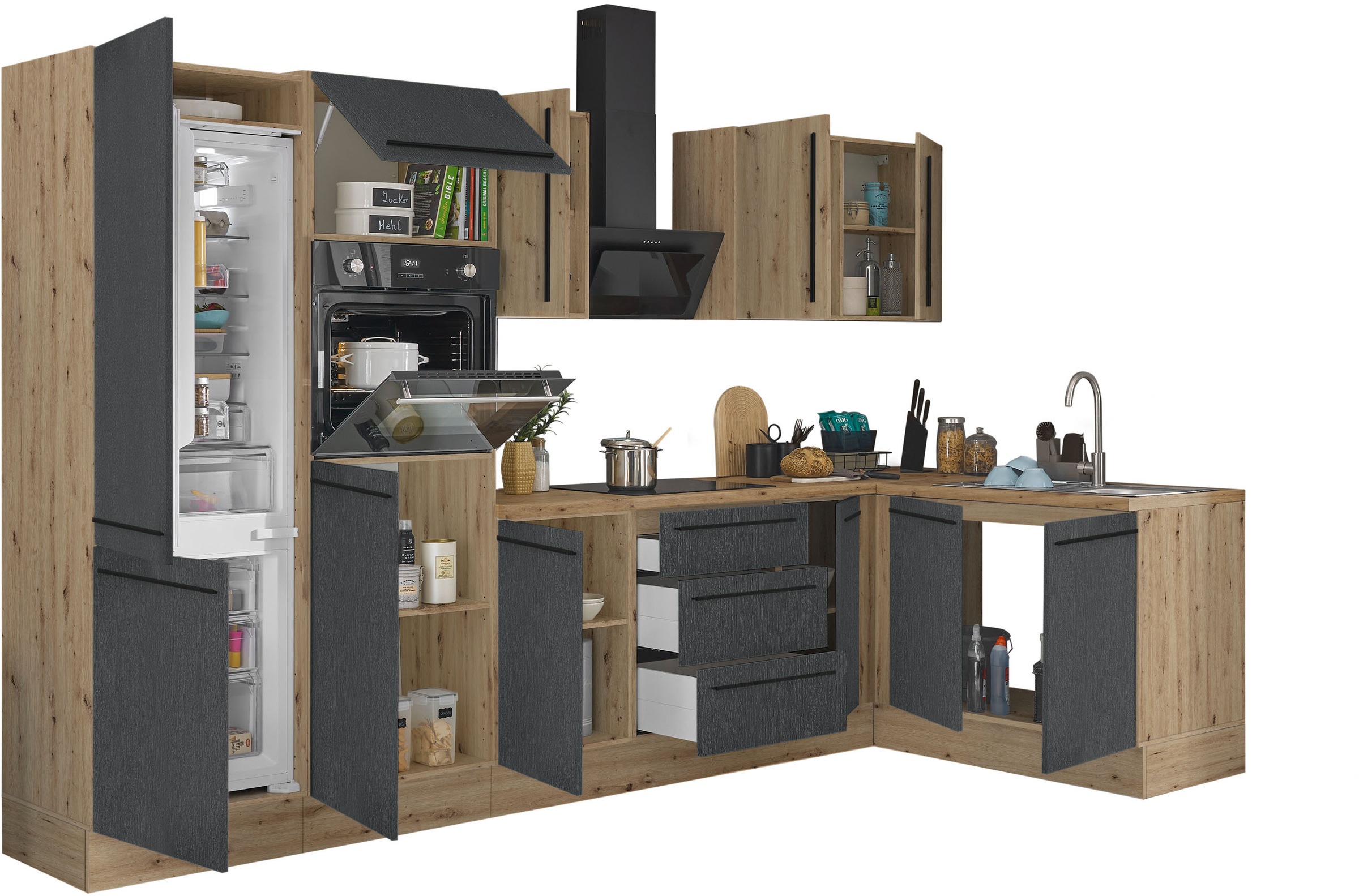 KOCHSTATION Winkelküche »Florida, Stellbreite 330x165 cm«, wahlweise mit E-Geräten, mit Softclose für Türen und Schubkästen