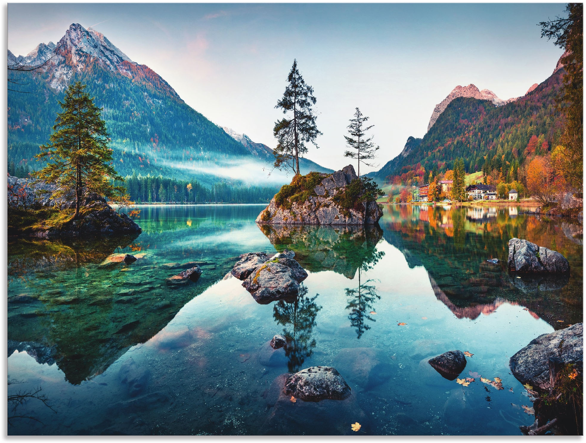 Artland Wandbild "Herbstszene des Hintersee vor Alpen", Seebilder, (1 St.), als Alubild, Outdoorbild, Leinwandbild, Post