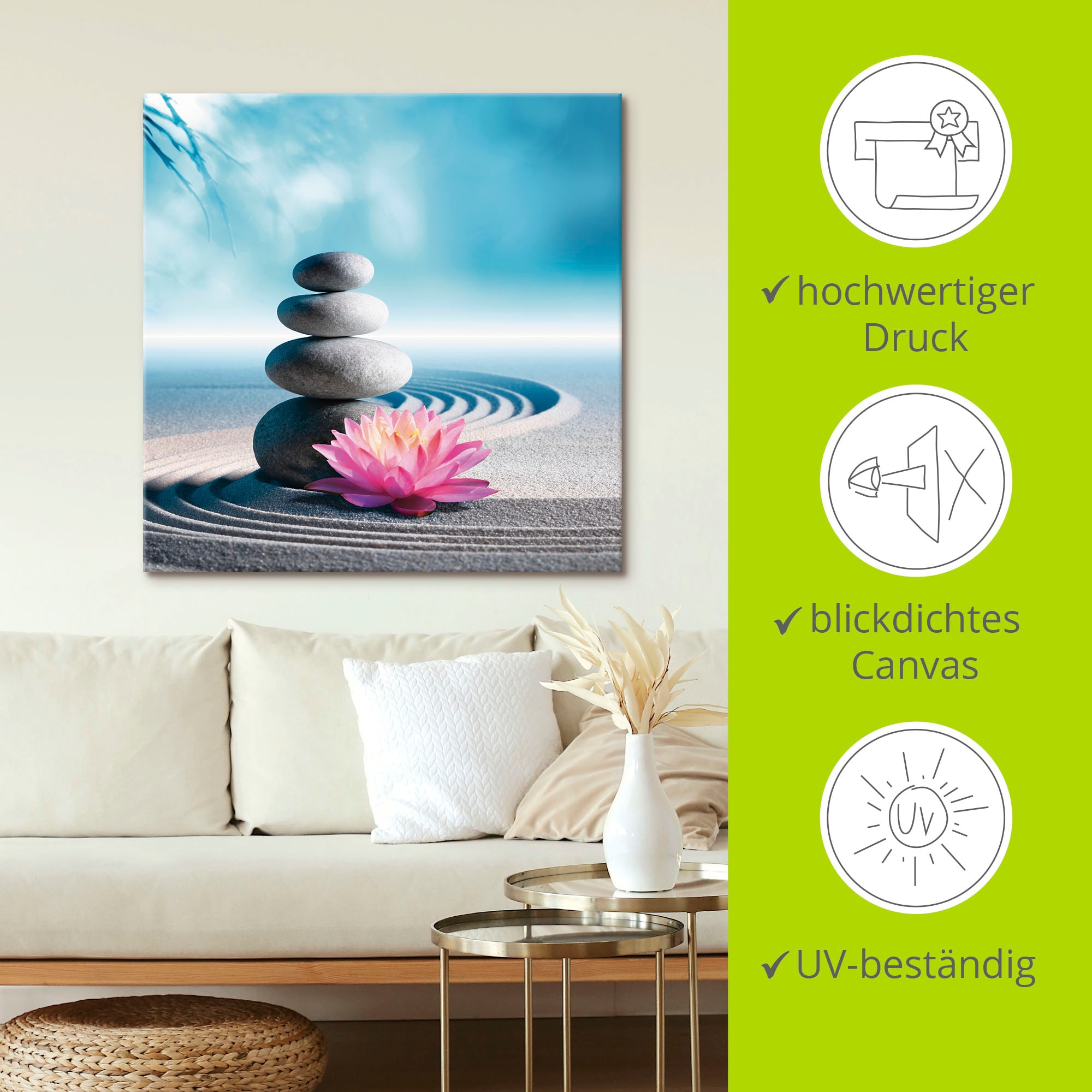 Artland Wandbild »Sand, Lilie und Spa-Steine in Zen-Garten«, Zen, (1 St.), als Alubild, Outdoorbild, Leinwandbild, Poster in verschied. Größen
