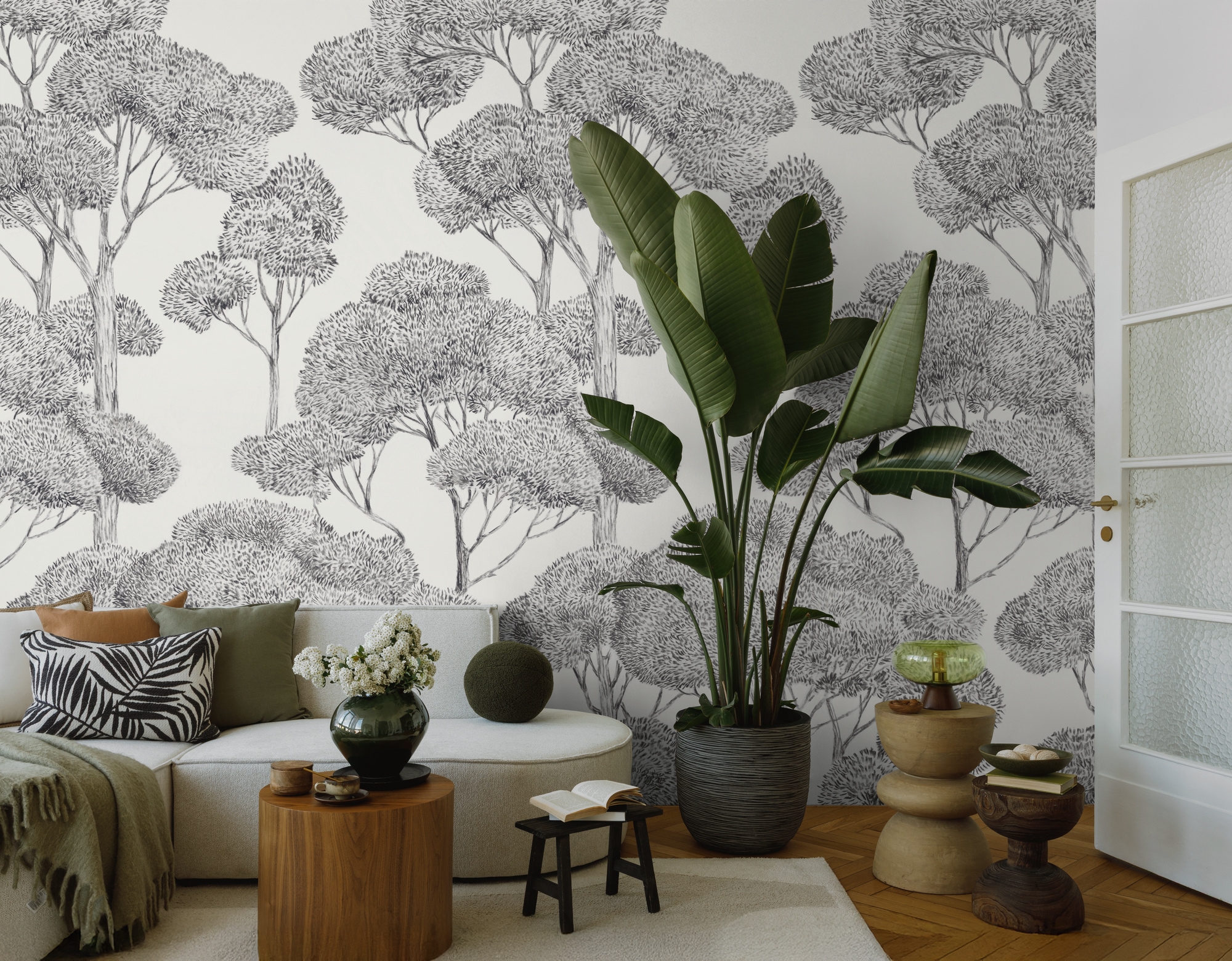 living walls Vliestapete »Vibes & Styles Silvanor – Forest Sketch Fototapete« Comic leicht strukturiert Stilisierte Baumlandschaft mit feinen Linien und ruhiger Tiefenwirkung