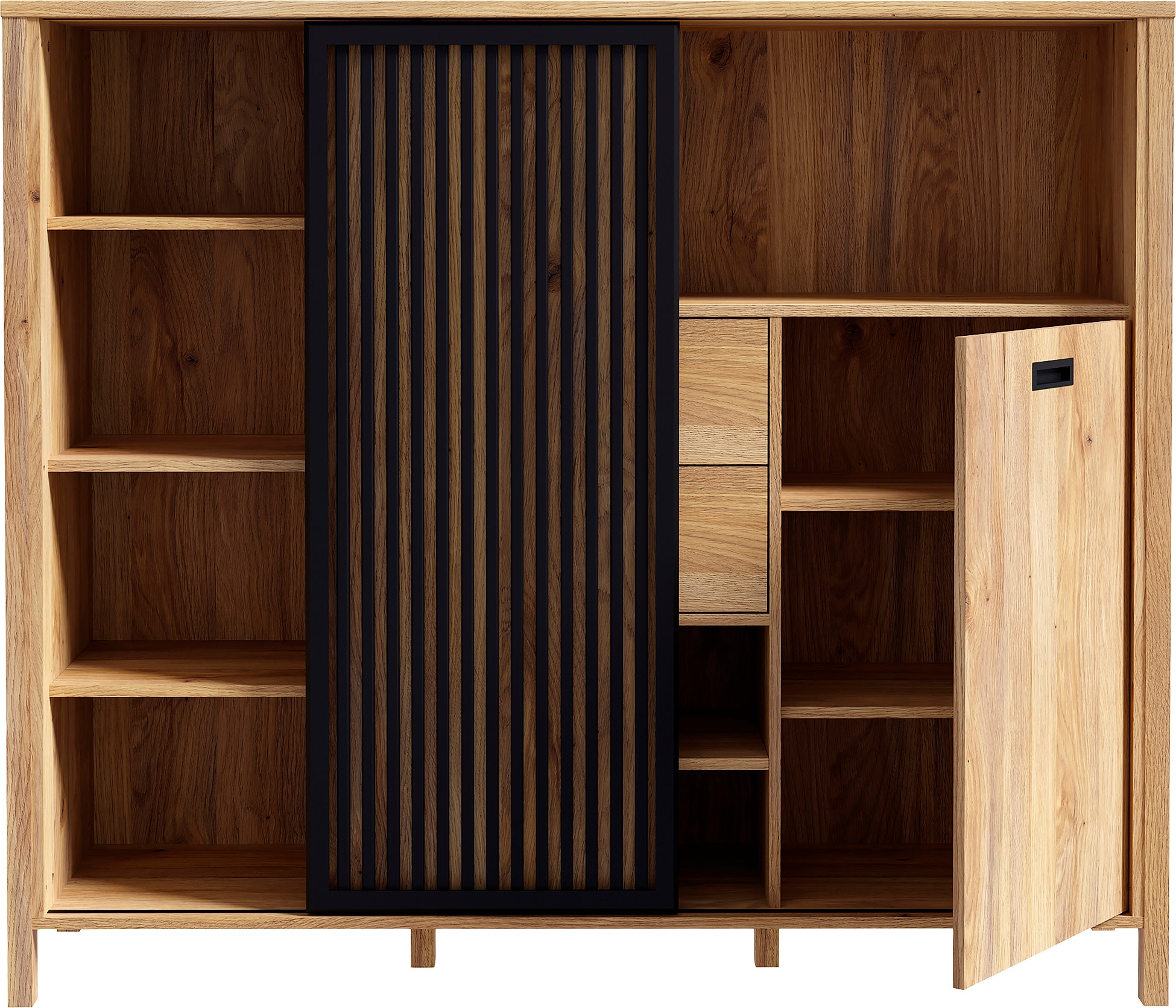 FORTE Highboard »Jytana«, Breite 149,9 cm, Schiebetüre mit Lamellenoptik, Mauvella Eiche/Schwarz