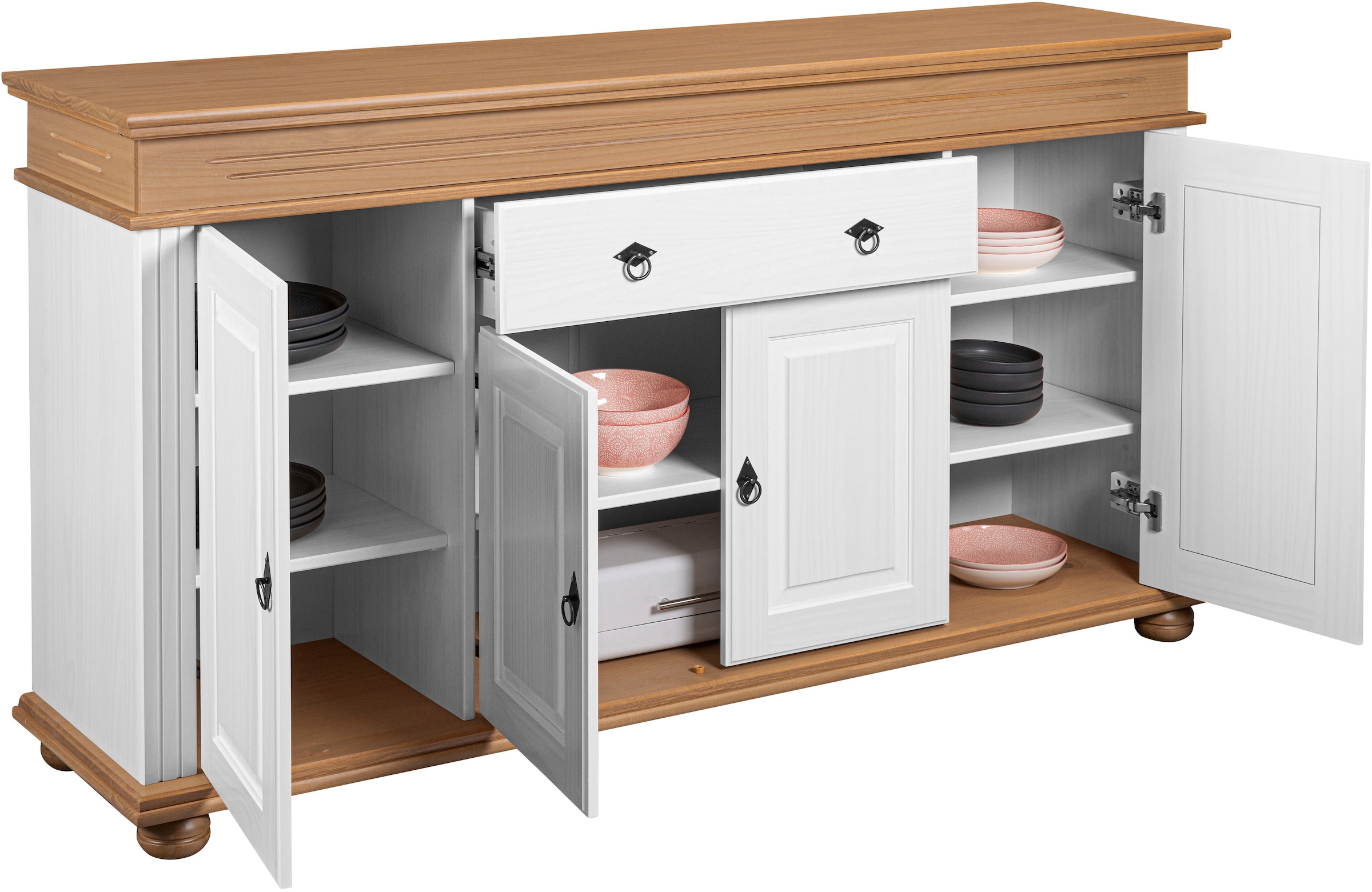 Inter Link Sideboard »Halmaro, Kiefer Massivholz, Soft-close, 181 x 46 x 100 cm, Stauraum« 1 Stk. tlg. Kommode in Weiss, Braun/Oak, Landhausstil, 4 Türen, 1 Schublade