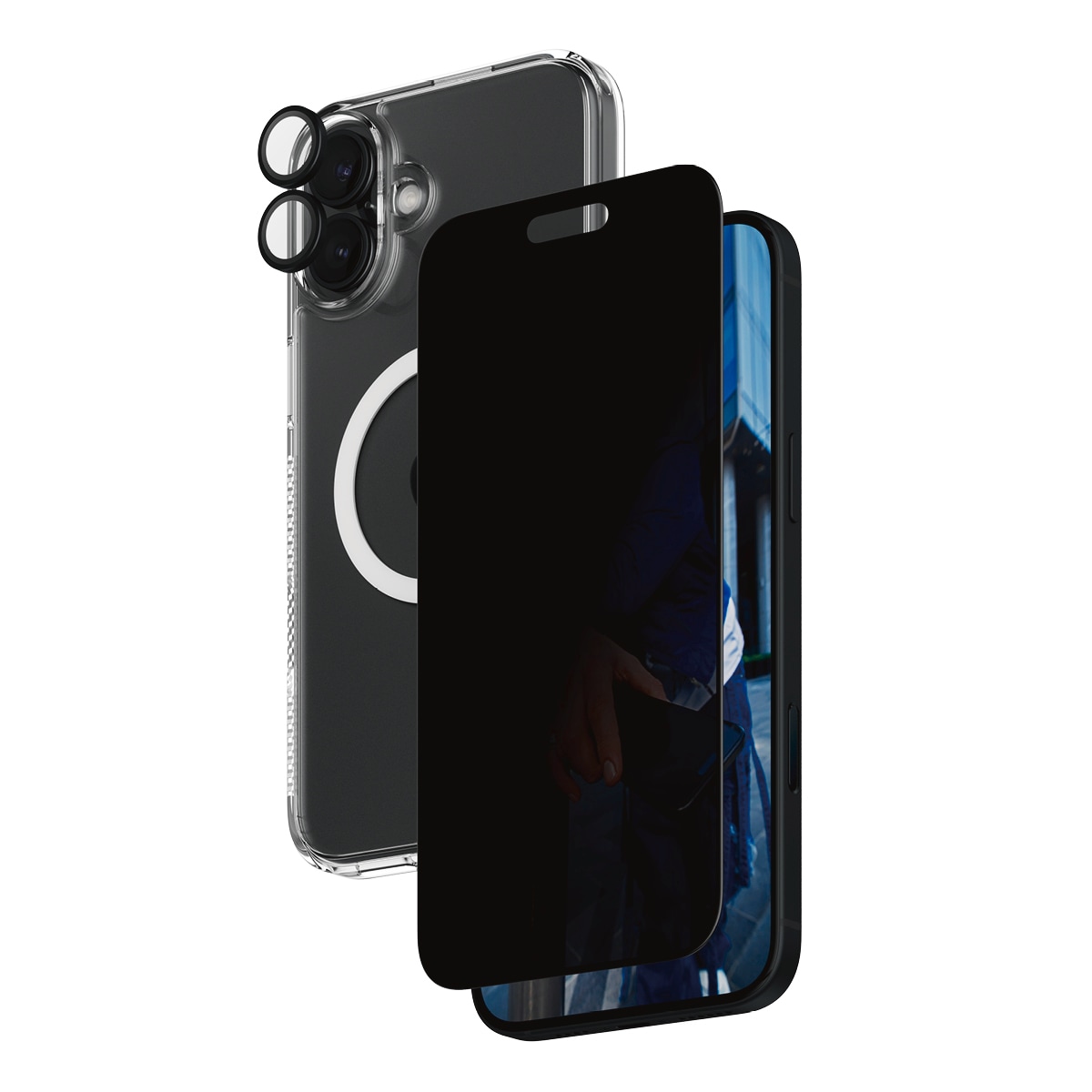 PanzerGlass Displayschutzglas »3-in-1 Privacy Protection, Glass, Hoops, Case«, für Apple iPhone 16 Plus, Displayschutzfolie, Schutzfolie, Bildschirmschutz, kratz- & stoßfest