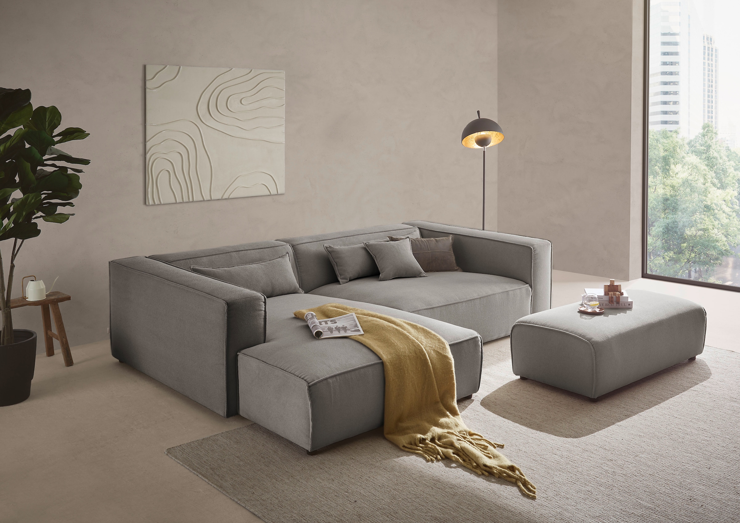 LeGer Home by Lena Gercke Ecksofa "PIARA XXL Struktur u. Leinenoptik, L-Form, Schlaffunktion" Hocker stellbar zum Schlafsofa (Krokodilverbinder), tiefe Sitzfläche