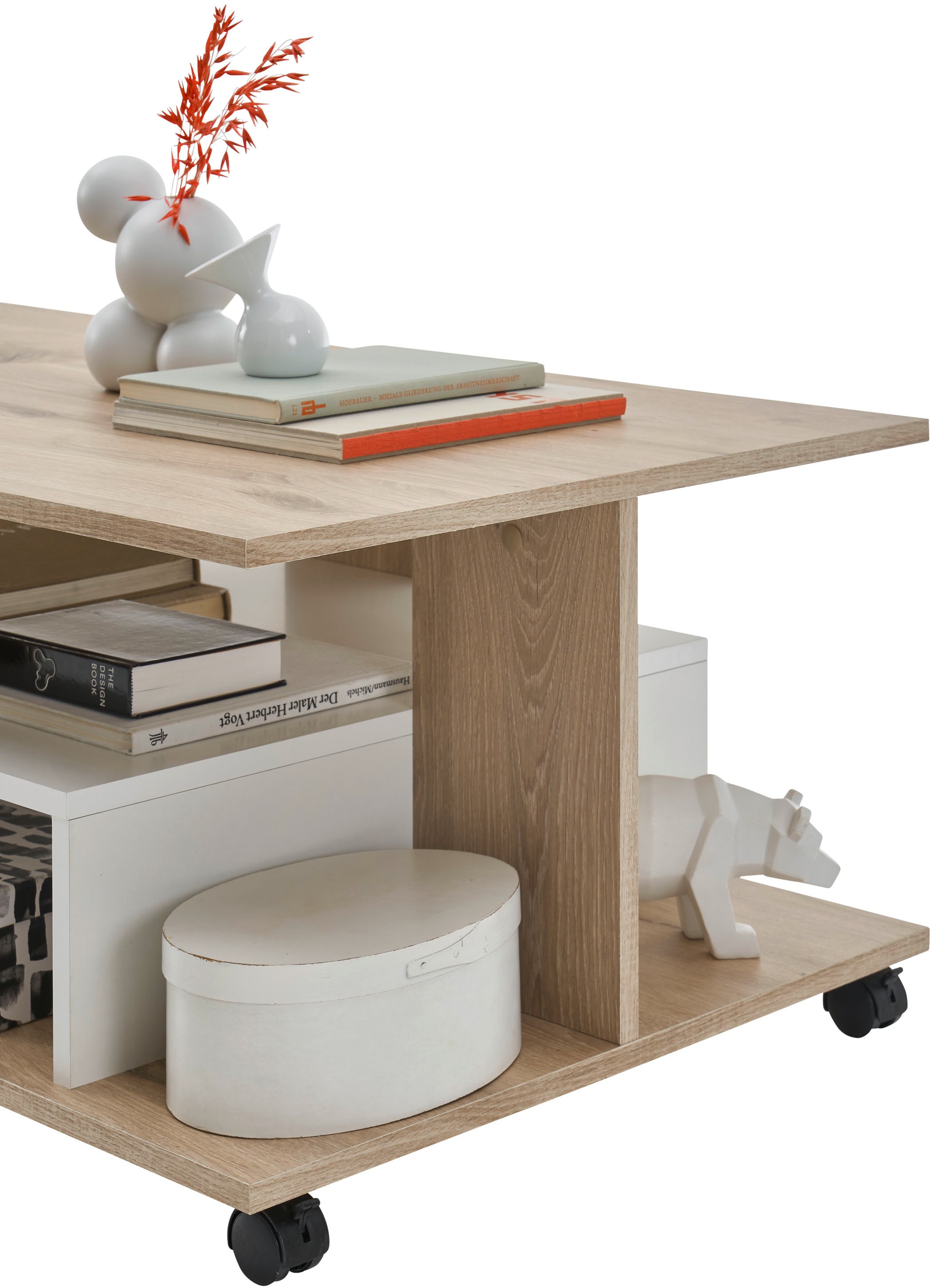 Stolkom Couchtisch »Marti rollbar mit Ablageböden, Rima Oak weiß, BxHxT 110x42,5x60 cm«, Rollbar, mehrere Ablageböden in Rima Oak weiß