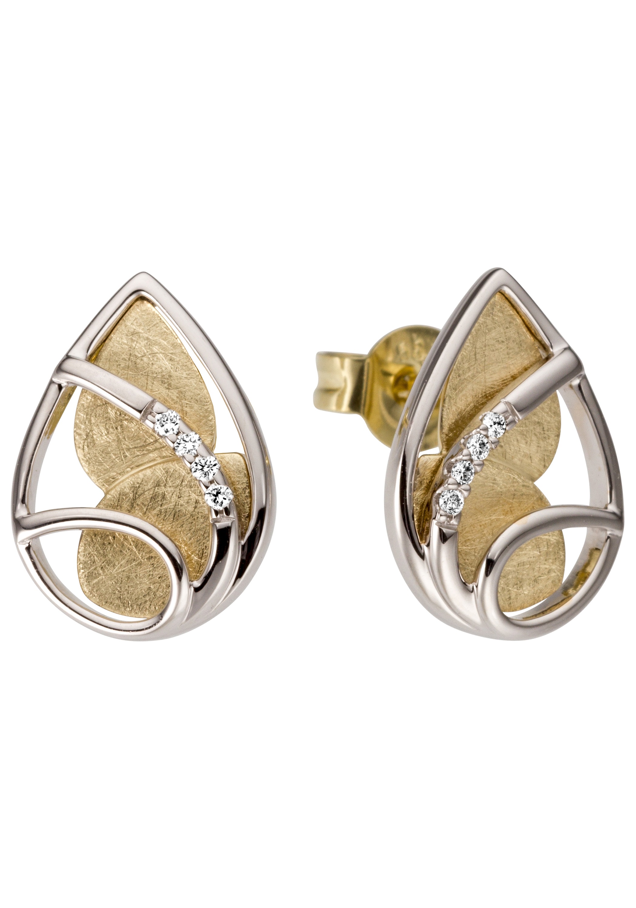 Paar Ohrstecker JOBO "Ohrringe Goldohrringe Tropfen 13 mm", gelbgold 585, Ohrringe, Damen, SI = kleine Einschlüsse, Diamanten Gelbgold 585 Weißgold 585, Diamanten, Gelbgold 585, Weißgold 585, 585 Gold bicolor mit 8 Diamanten