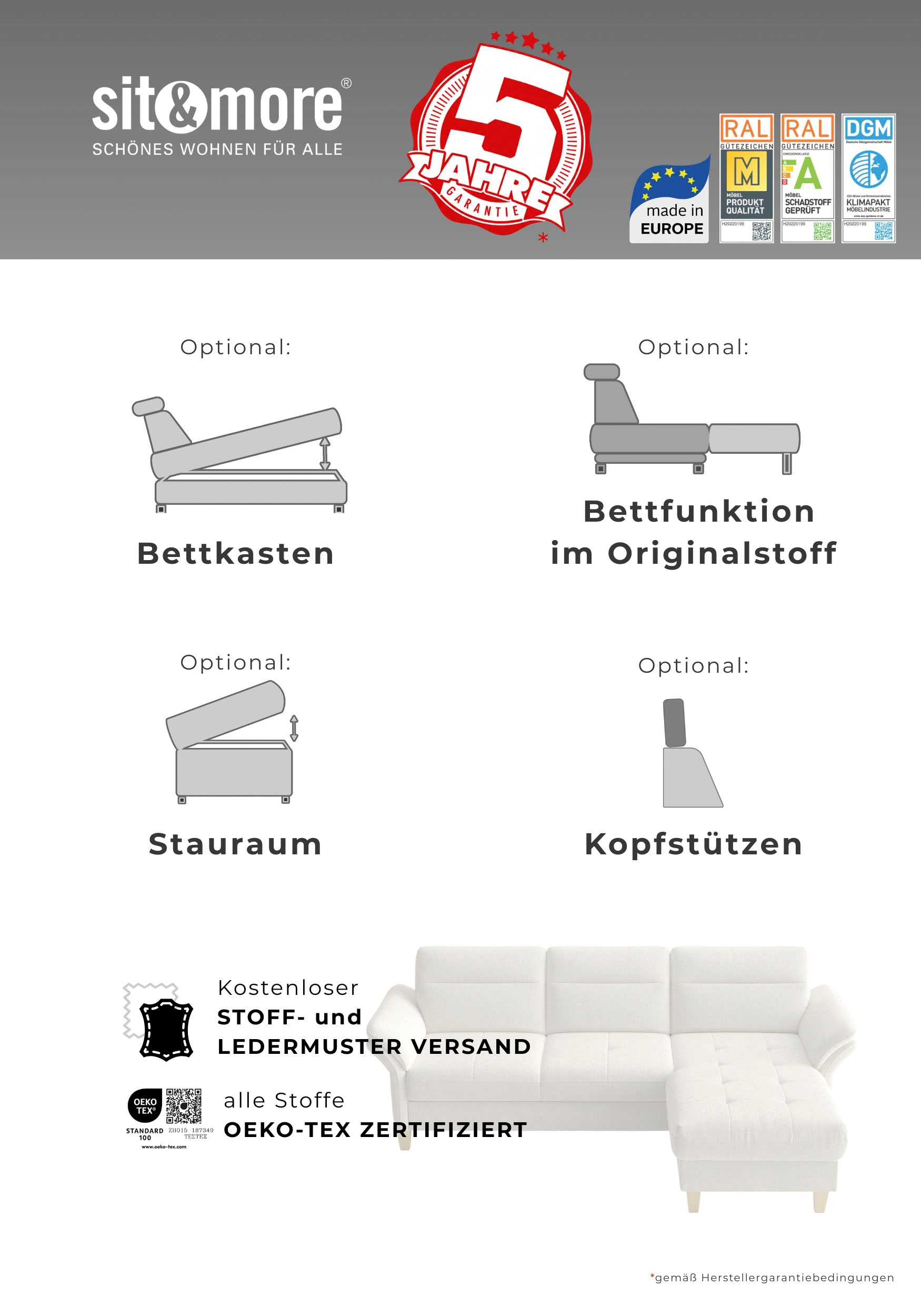 sit&more Ecksofa »Pamela, B: 218 cm, L-Form, wahlweise mit Bettfunktion und Bettkasten« mit Federkern