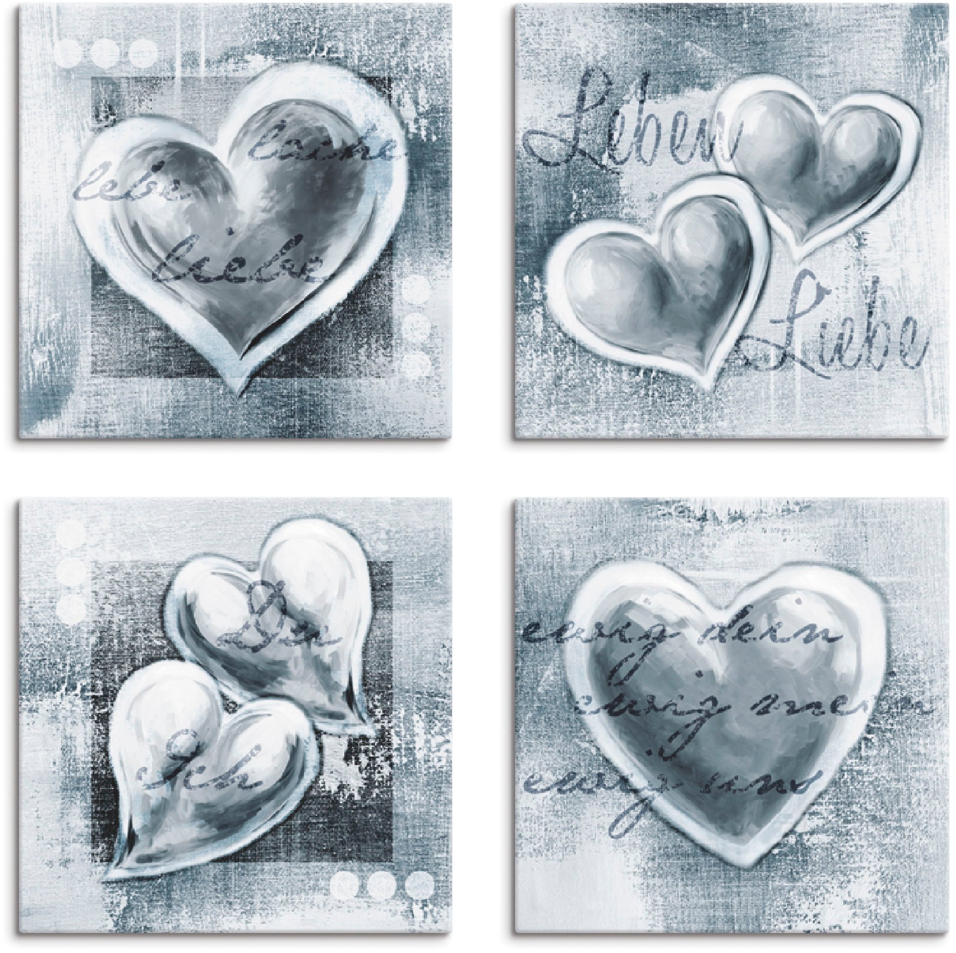 Artland Leinwandbild "Lache Lebe Liebe Leben", Herzen, (4 St.), 4er Set, verschiedene Größen