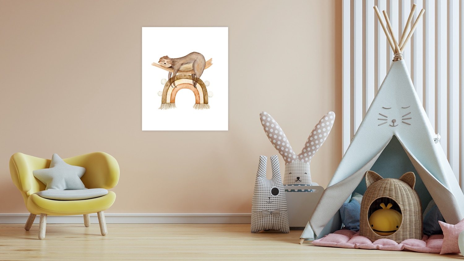 Lüttenhütt Bild mit Rahmen "oder Poster, Liegendes Faultier auf Regenbogen" Fantasy Faultier Regenbogen Tiere 1 Stk. tlg. HD Premium Druck