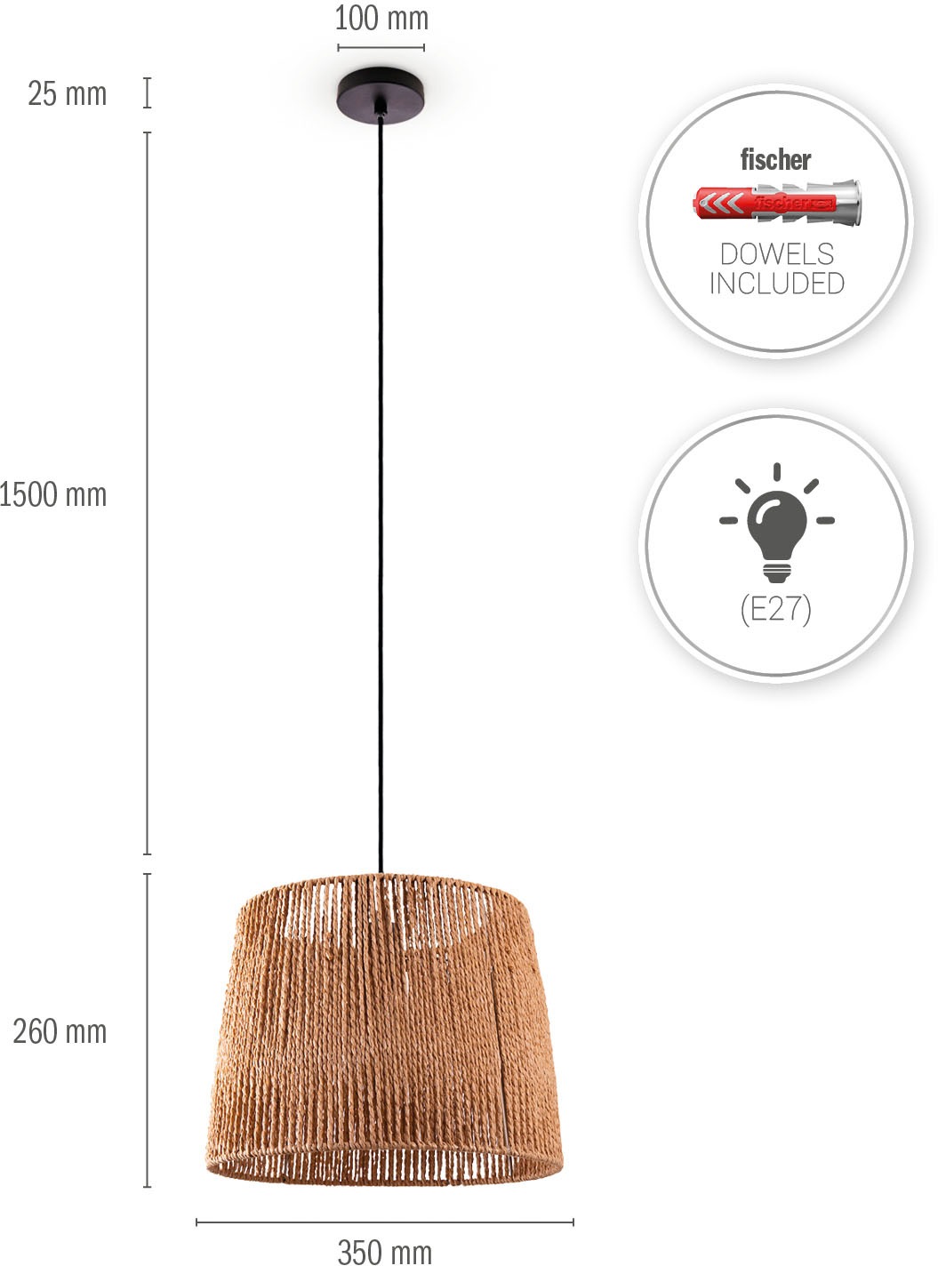 Paco Home Pendelleuchte »Hugo Amadeo«, Leuchtmittel E27 | ohne Leuchtmittel, Wohnzimmer Esszimmer Rattan Optik Boho Lampenschirm Papier