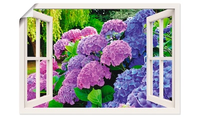 Wandbild »Fensterblick Hortensien im Garten«, Blumen, (1 St.)