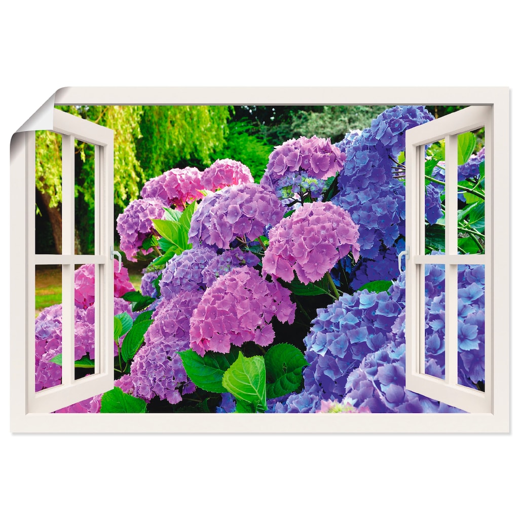 Artland Wandbild »Fensterblick Hortensien im Garten«, Blumen, (1 St.)