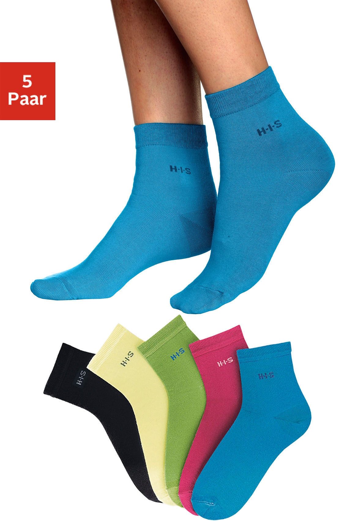 H.I.S Kurzsocken "Damen halbhohe Socken, Knöchelsocken sportliche Freizeitsocken" Packung, 5 Paar tlg. mit Bündchen über dem Knöchel