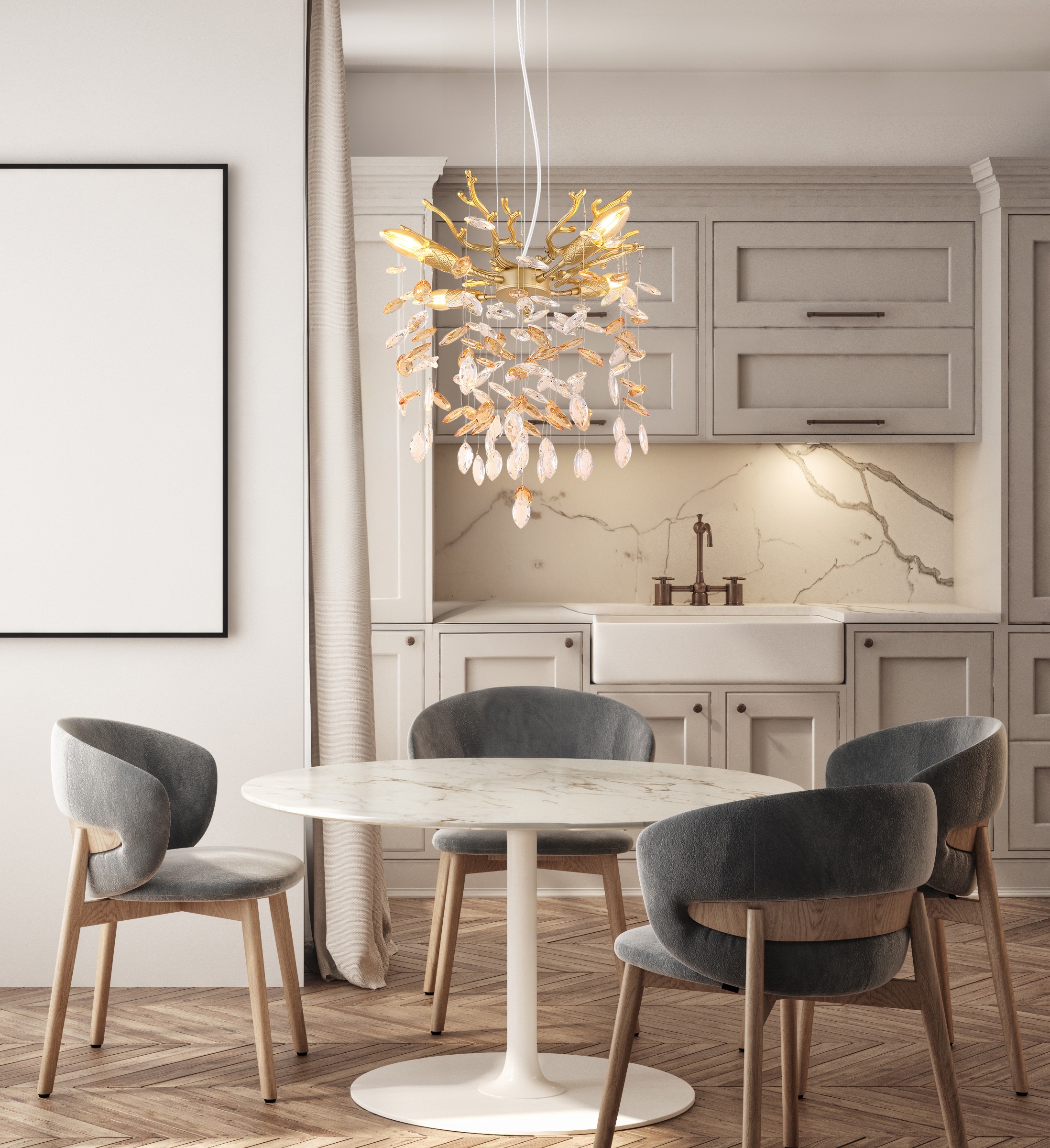 GLOBO LIGHTING Hängeleuchte »QUEENA« E14 1 Stk. Goldfarbener Luster mit Glaskristallen amber, Höhe kürzbar