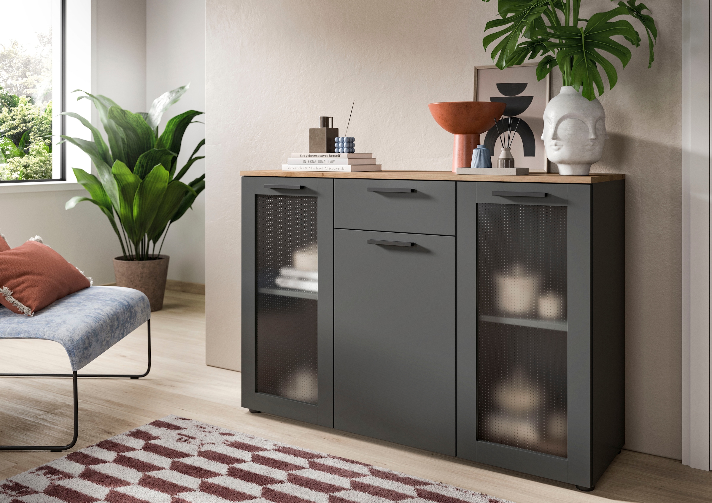 INOSIGN Sideboard »SALKIN, Breite 120cm, 3 Türen (2 mit ESG-Ornamentglas), 1 Schubkasten,«, Anrichte, Schrank, Kommode,Vitrine, Vitrinenschrank Wohnmöbel