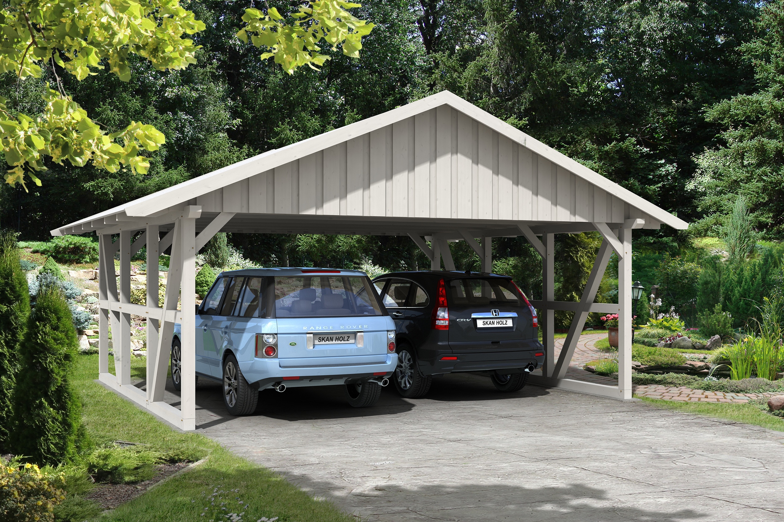 Skanholz Doppelcarport "Schwarzwald" Massivholz 560 cm Weiß mit Dachschalung