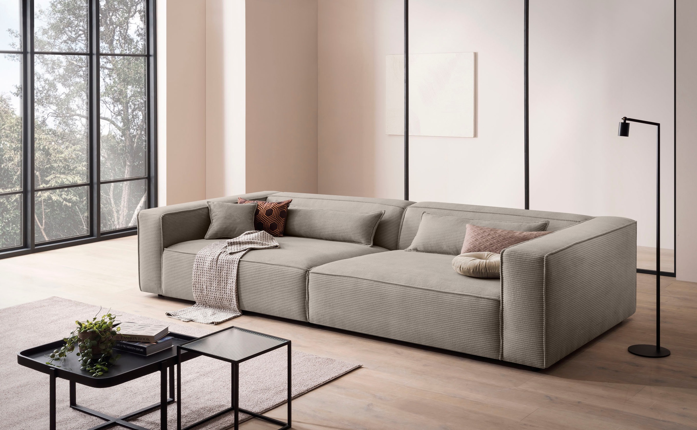 LeGer Home by Lena Gercke 3-Sitzer »PIARA XXL, Sofa mit Kedernaht in Cord, Leinenoptik o. Strukturstoff«, schwarze Füße, bequemer Sitzkomfort, extra tiefe Sitzfläche