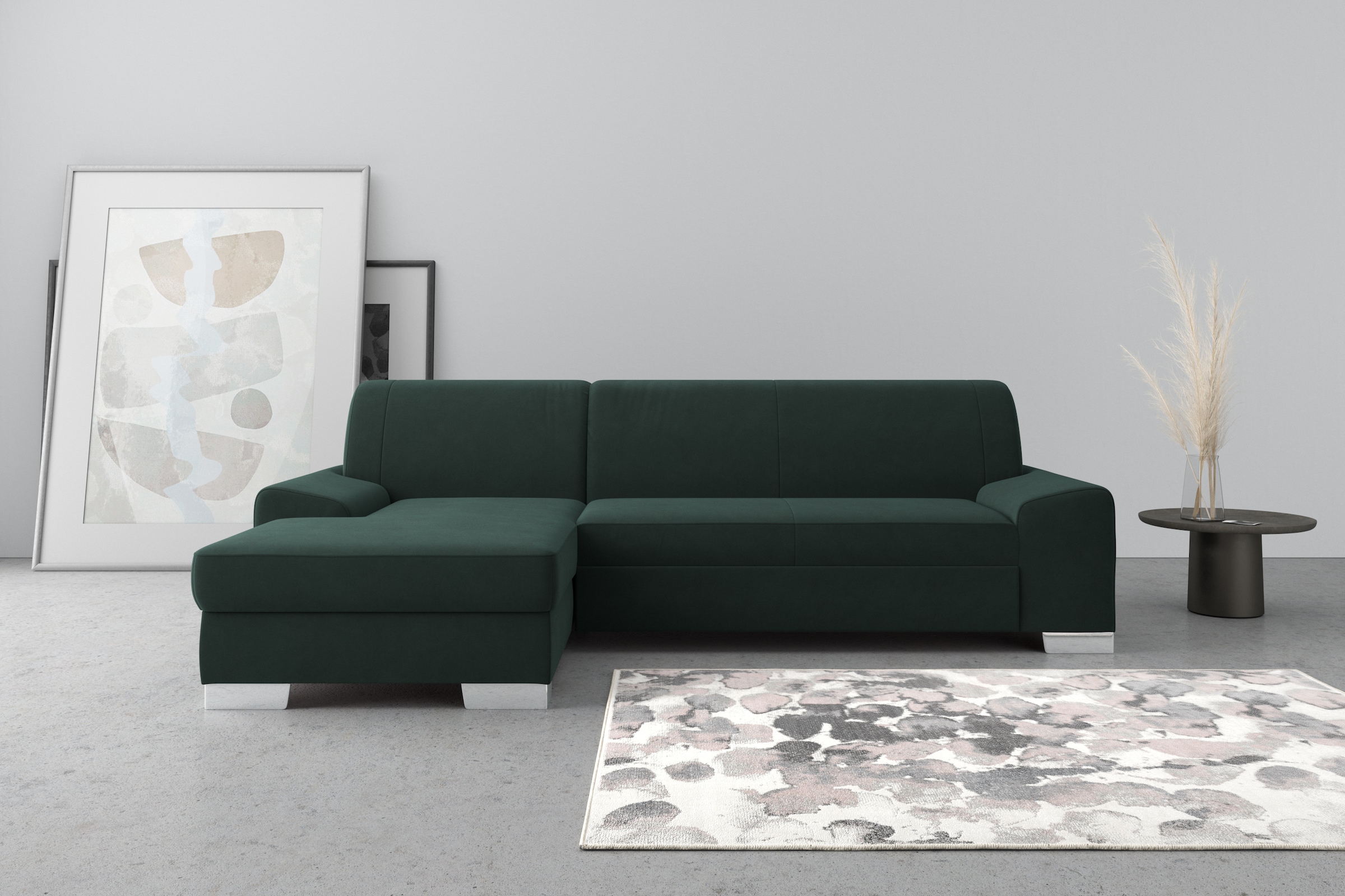 DOMO collection Ecksofa »Anzio L-Form, whlw. Bettfunktion, Federkern, hochwertig, Breite 271 cm«, Ohne Bettfunktion, Recamiere links, Samtoptik, grün