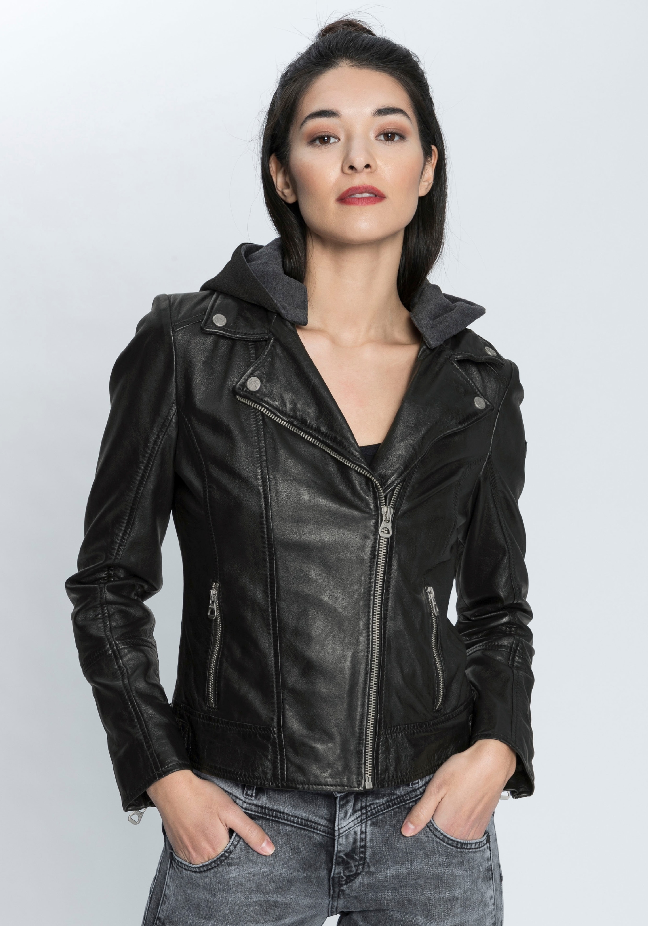 Mauritius Lederjacke "ELA", mit Kapuze, coole 2-in-1-Bikerjacke mit abnehmbarer Jersey-Kapuze