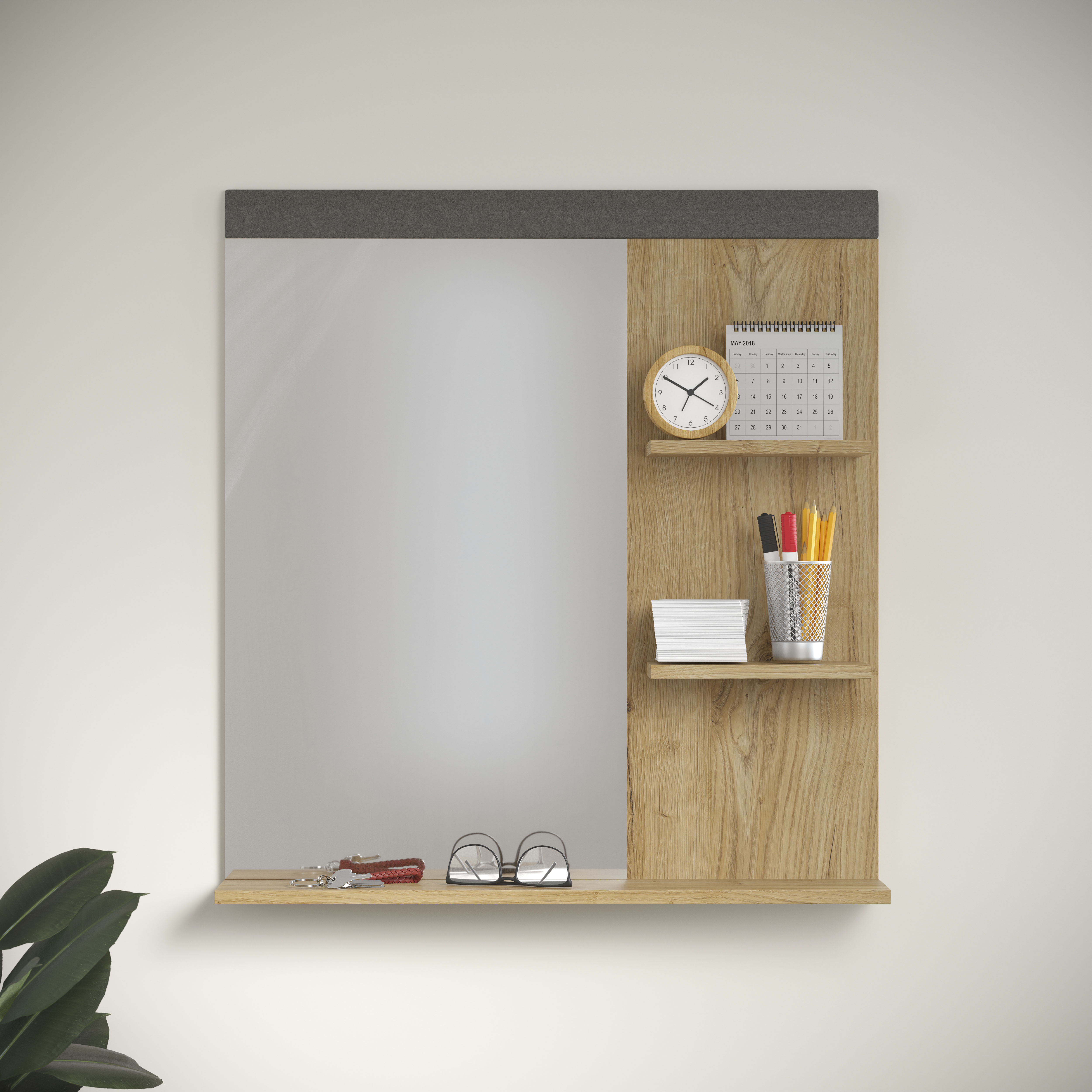 Home affaire Garderobenspiegel "Belva" eichefarbener Wandspiegel mit 3 Ablagen - (B/T/H) 79/16/85 cm