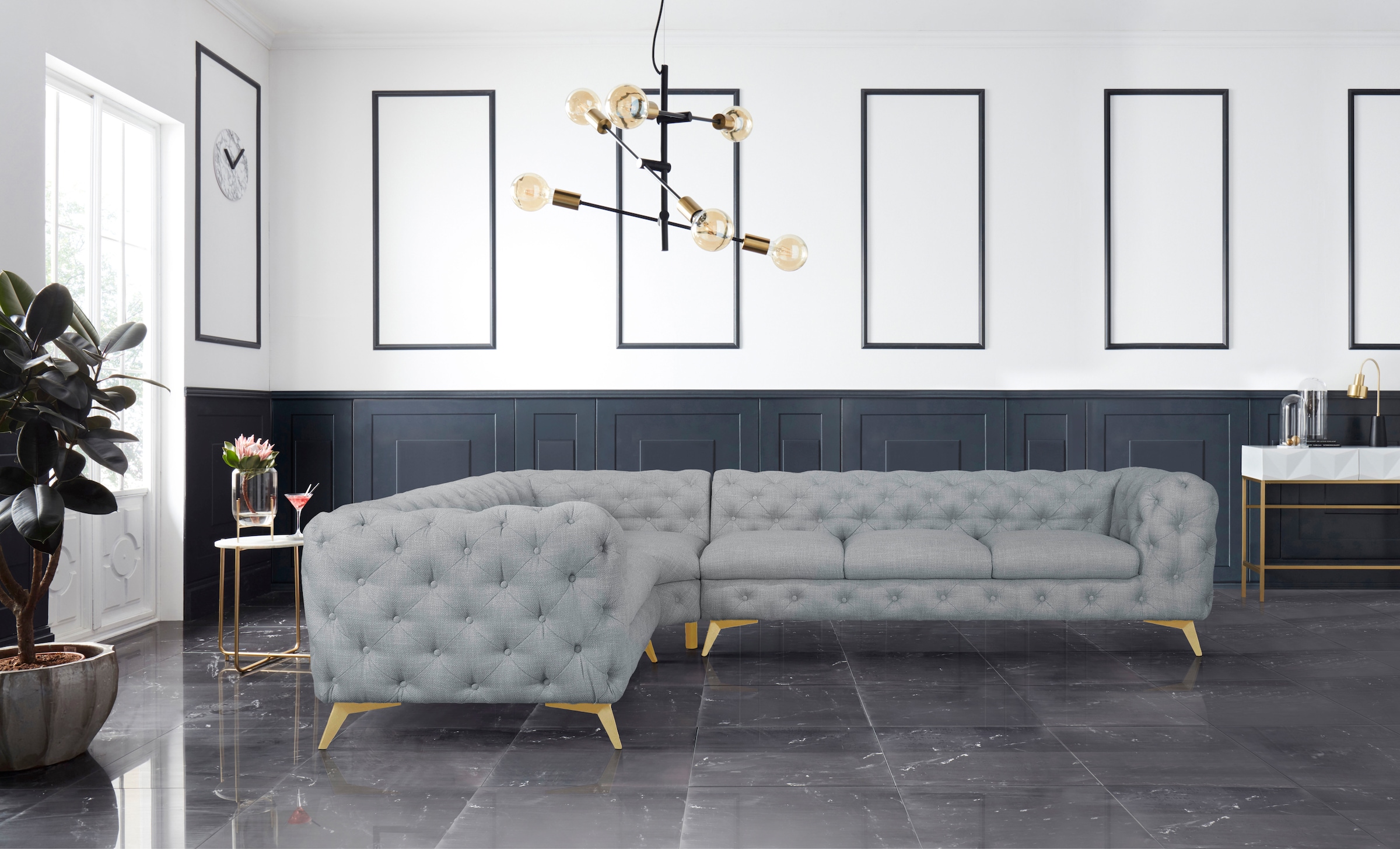 Leonique Chesterfield-Sofa »Ecksofa GLYNIS L-Form mit Wellenunterfederung, Maße B/T/H 323/264/75cm«, aufwändige Knopfheftung, moderne Chesterfield Optik, Fußfarbe wählbar