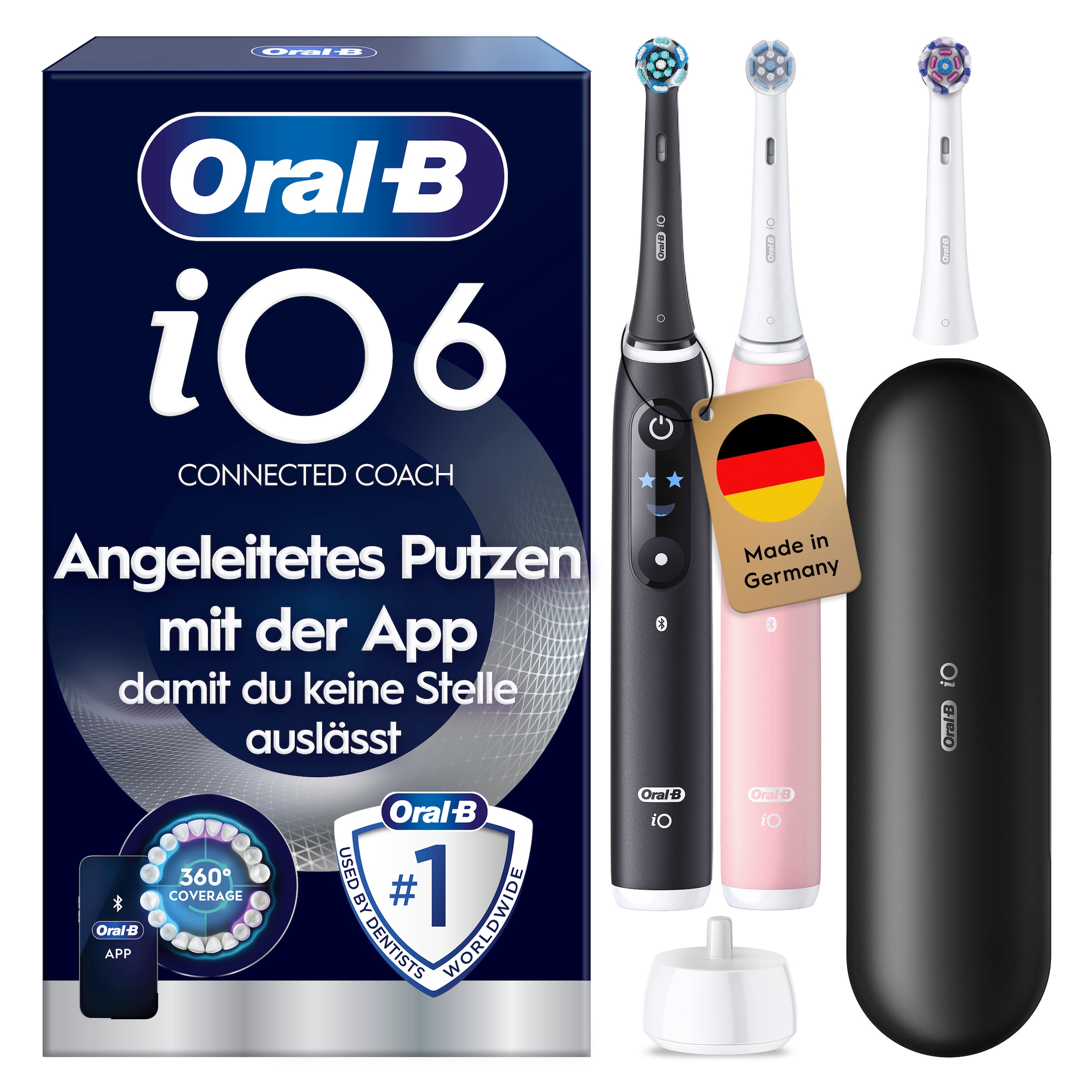 Oral-B Elektrische Zahnbürste "iO 6 Duopack" 3 Stk. Aufsteckbürsten mit Magnet-Technologie, Display, 5 Putzmodi