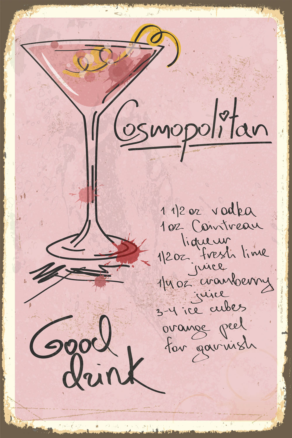 queence Metallbild "Cosmopolitan" Getränke Schriftzug Sprüche Sprüche & Texte 1 Stk. tlg. Stahlschild, Blechschild, Rezept, Cocktail, rosa, Wanddeko